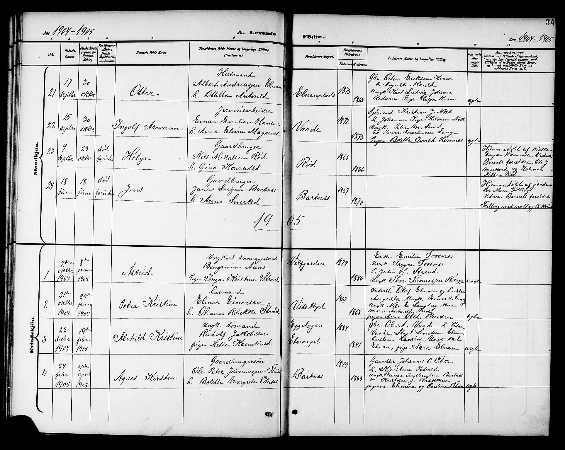 Ministerialprotokoller, klokkerbøker og fødselsregistre - Nord-Trøndelag, SAT/A-1458/741/L0401: Parish register (copy) no. 741C02, 1899-1911, p. 34