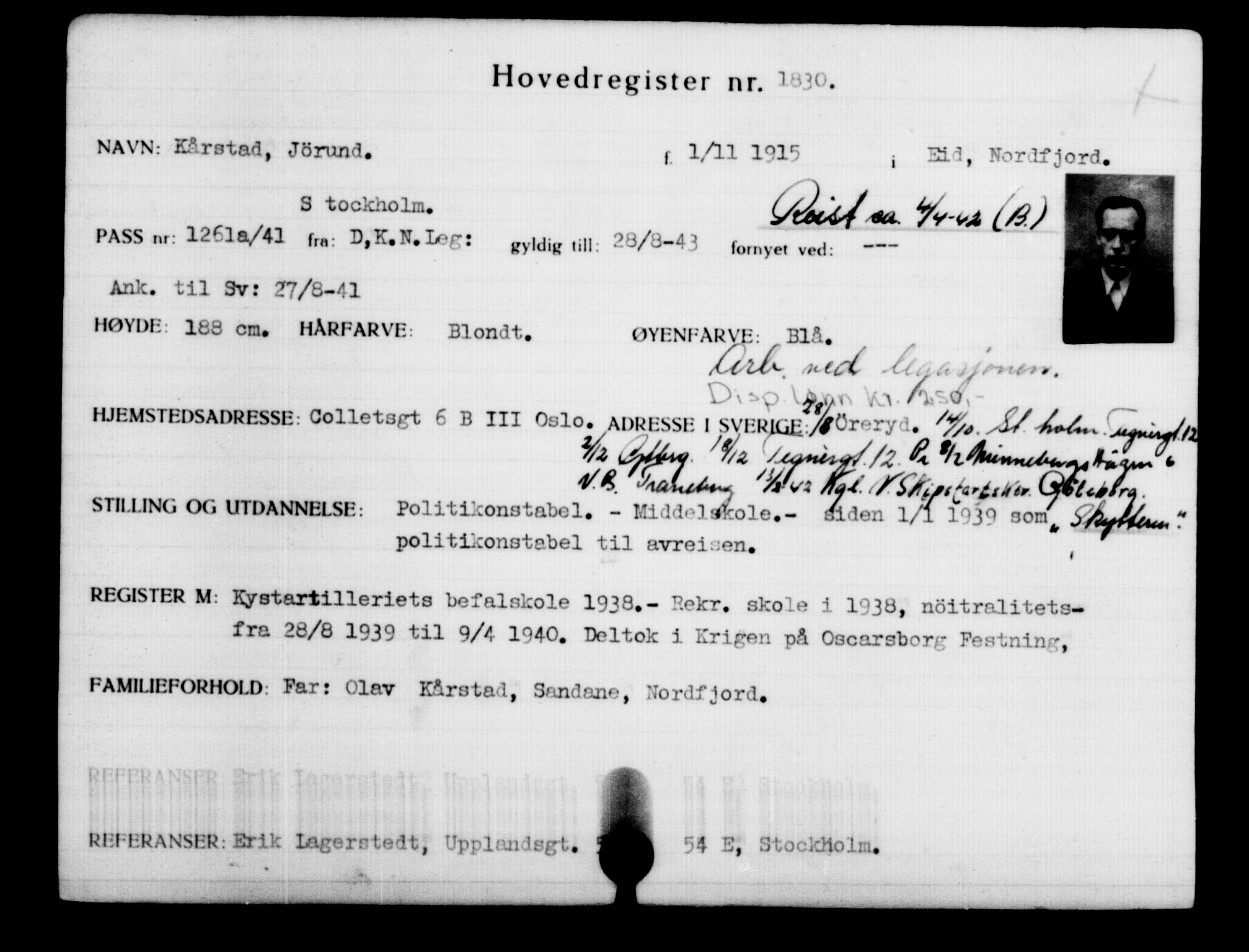 Den Kgl. Norske Legasjons Flyktningskontor, AV/RA-S-6753/V/Va/L0002: Kjesäterkartoteket.  Flyktningenr. 1001-2000, 1940-1945, p. 1183