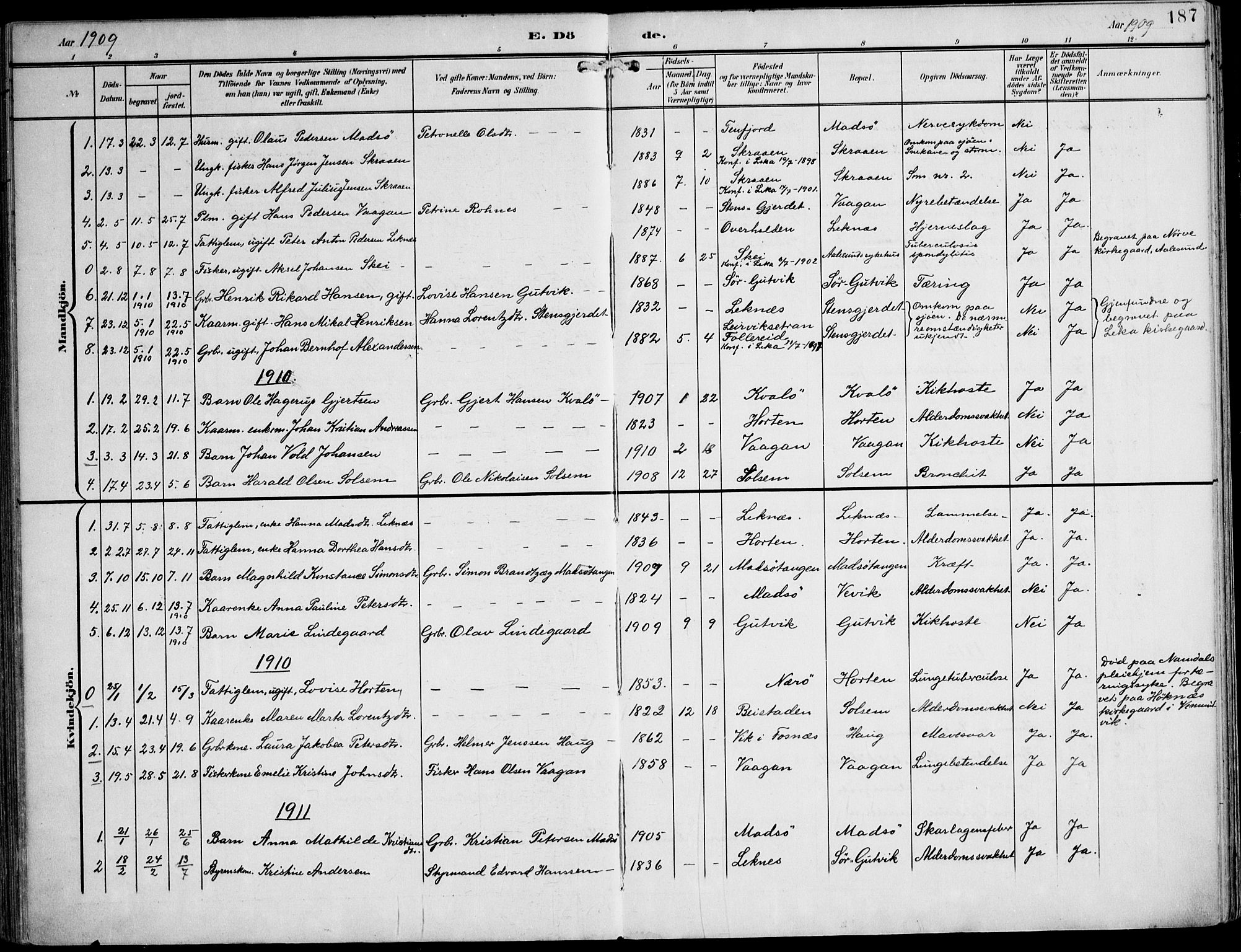Ministerialprotokoller, klokkerbøker og fødselsregistre - Nord-Trøndelag, SAT/A-1458/788/L0698: Parish register (official) no. 788A05, 1902-1921, p. 187