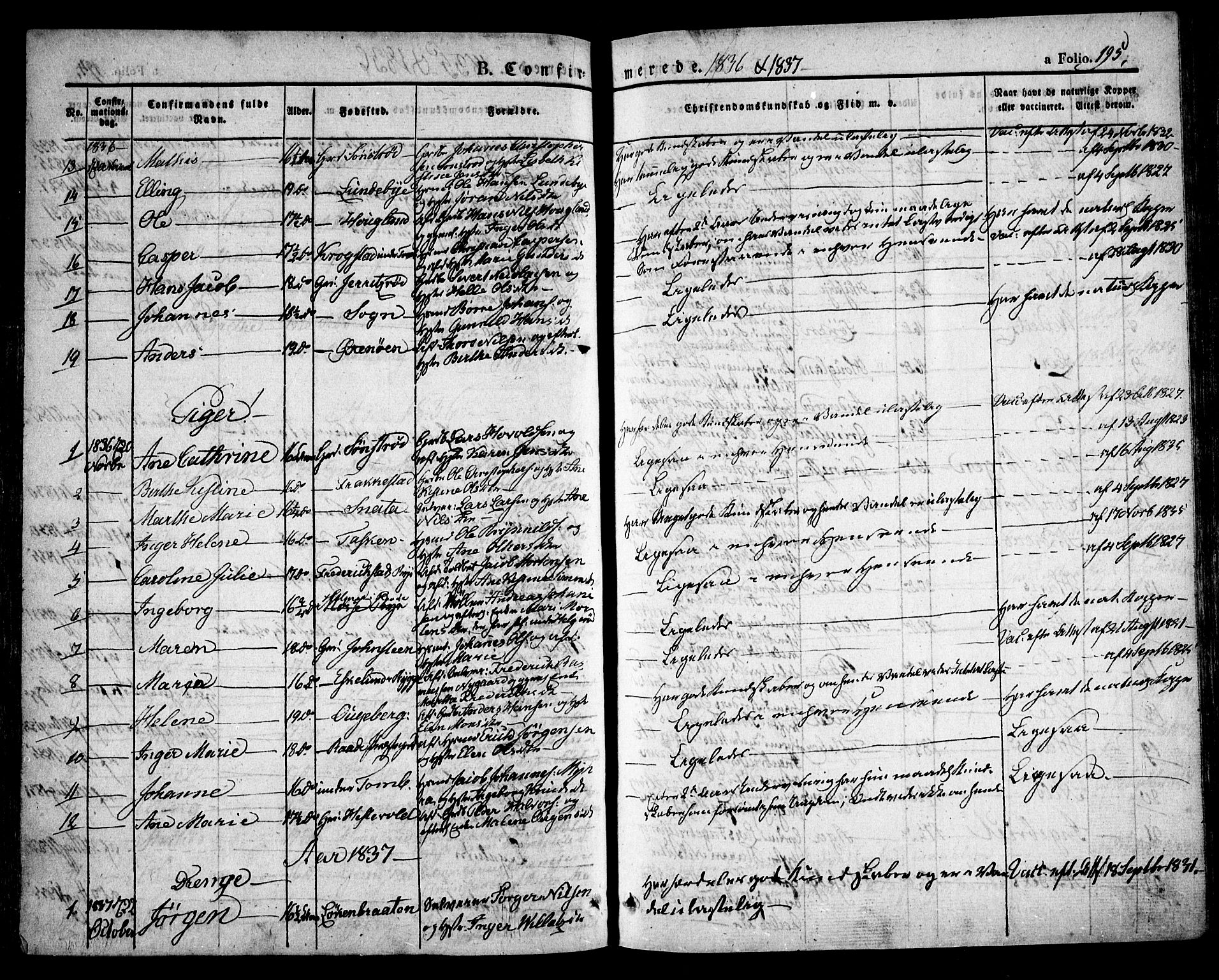 Råde prestekontor kirkebøker, AV/SAO-A-2009/F/Fa/L0005: Parish register (official) no. 5, 1830-1853, p. 195