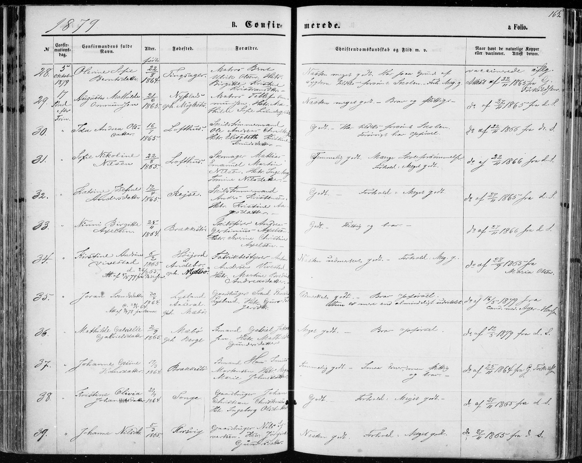 Vestre Moland sokneprestkontor, SAK/1111-0046/F/Fa/Fab/L0008: Parish register (official) no. A 8, 1873-1883, p. 165