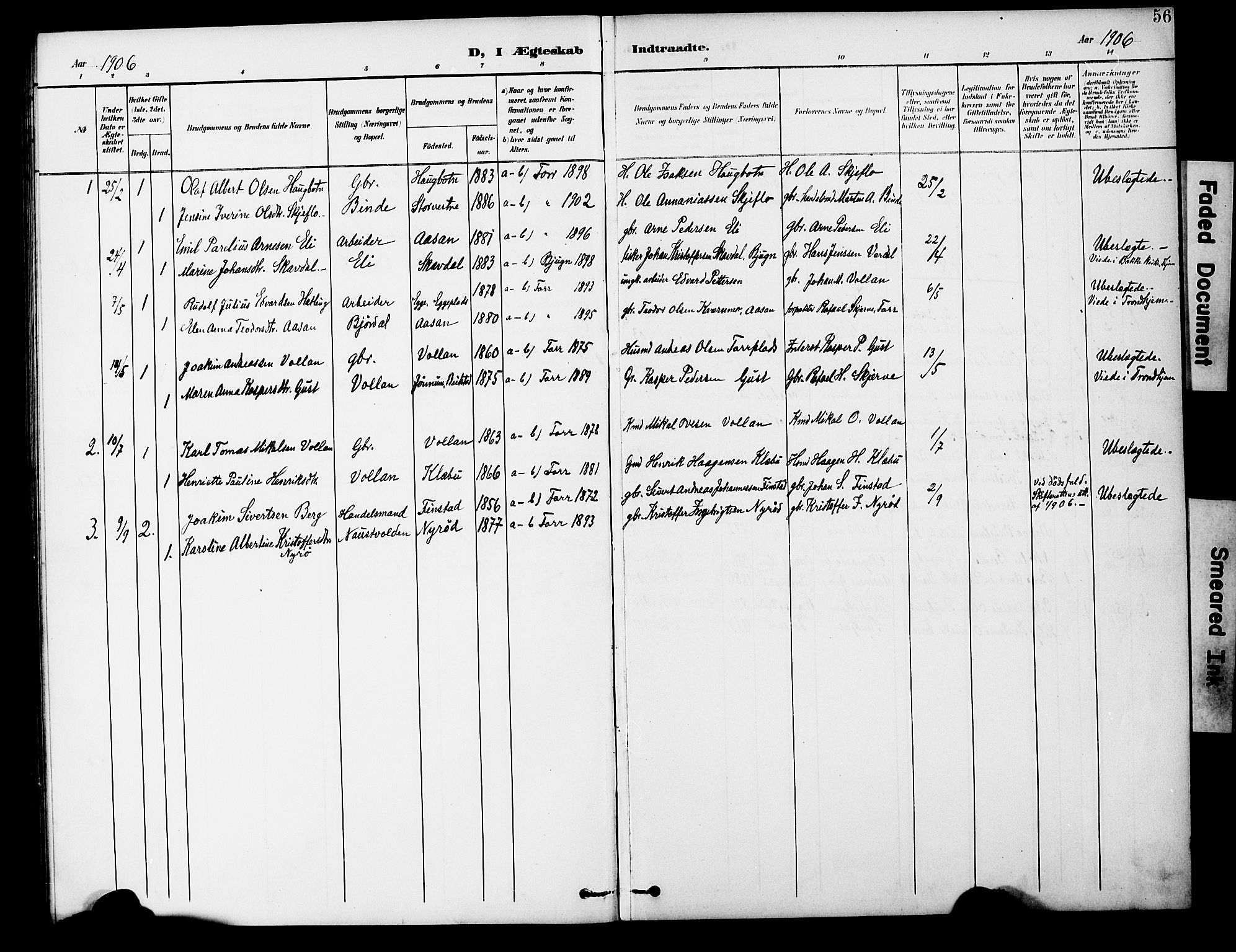 Ministerialprotokoller, klokkerbøker og fødselsregistre - Nord-Trøndelag, AV/SAT-A-1458/746/L0452: Parish register (official) no. 746A09, 1900-1908, p. 56