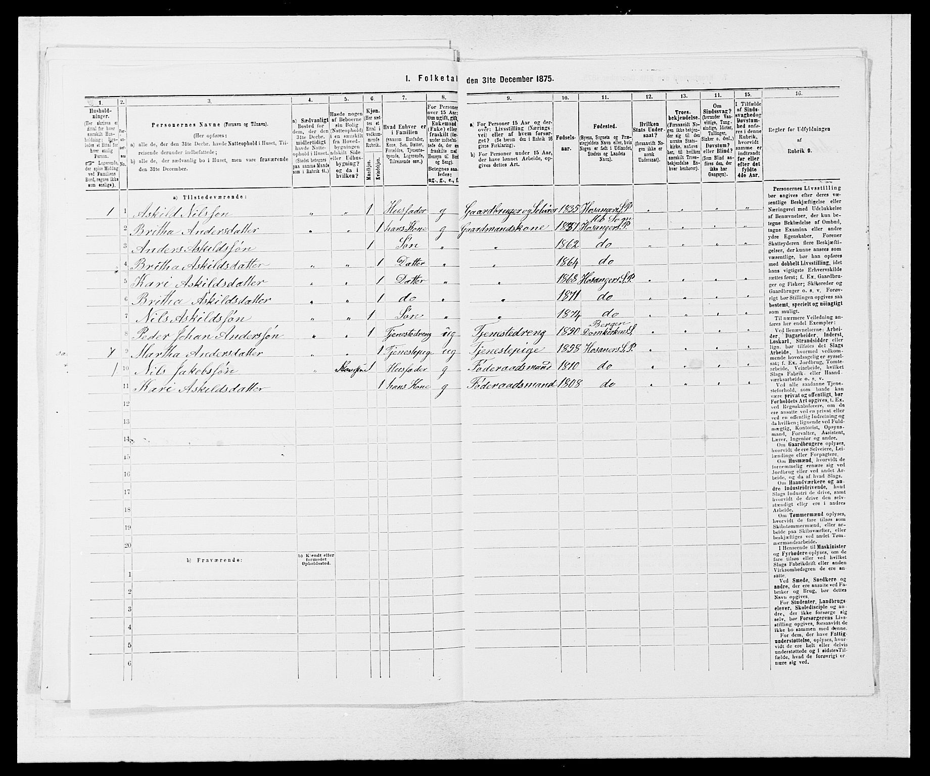 SAB, 1875 census for 1253P Hosanger, 1875, p. 698