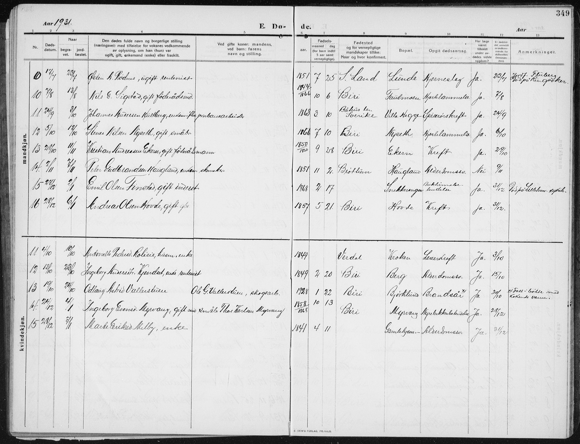 Biri prestekontor, SAH/PREST-096/H/Ha/Hab/L0006: Parish register (copy) no. 6, 1909-1938, p. 349
