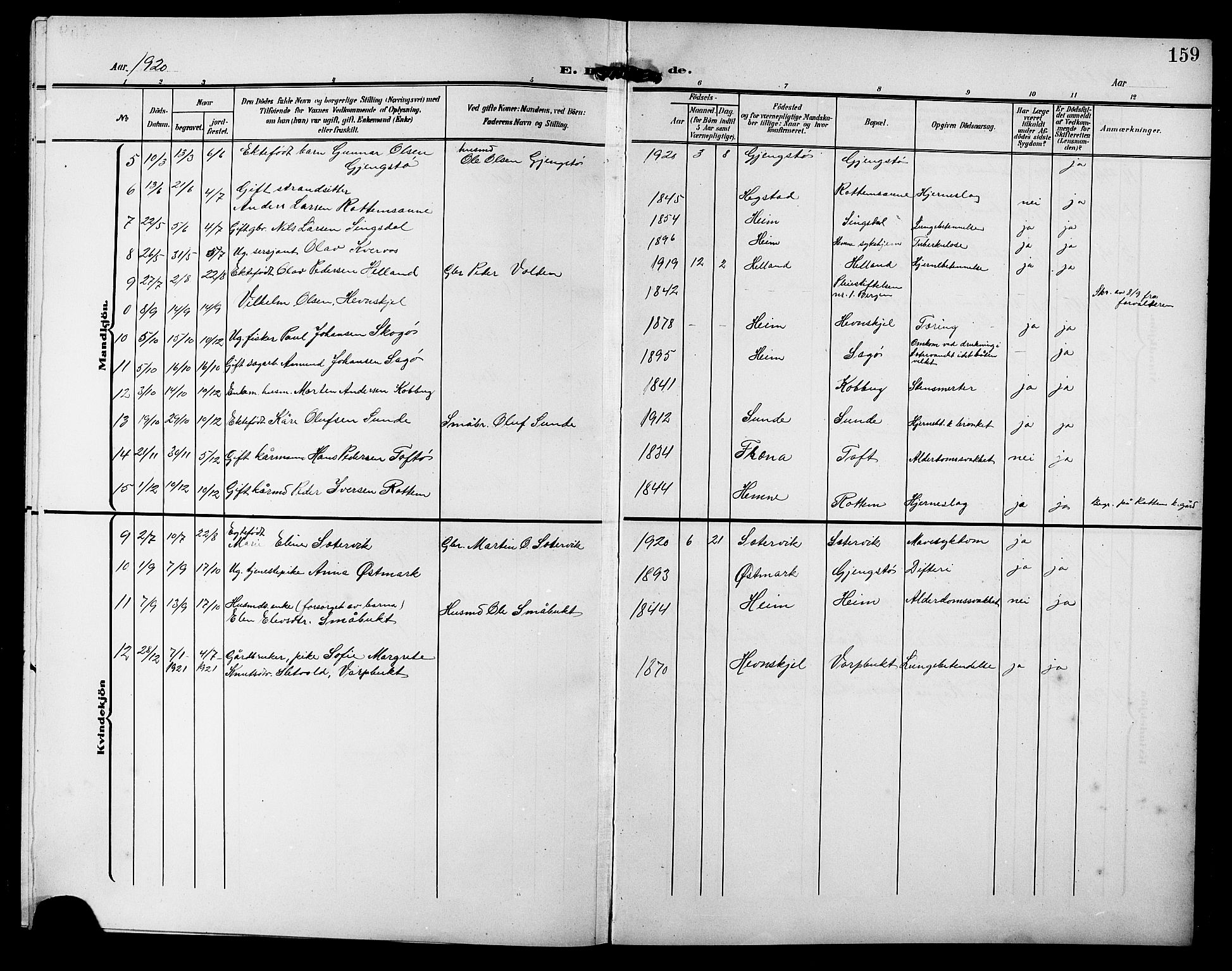 Ministerialprotokoller, klokkerbøker og fødselsregistre - Sør-Trøndelag, SAT/A-1456/633/L0520: Parish register (copy) no. 633C02, 1906-1921, p. 159