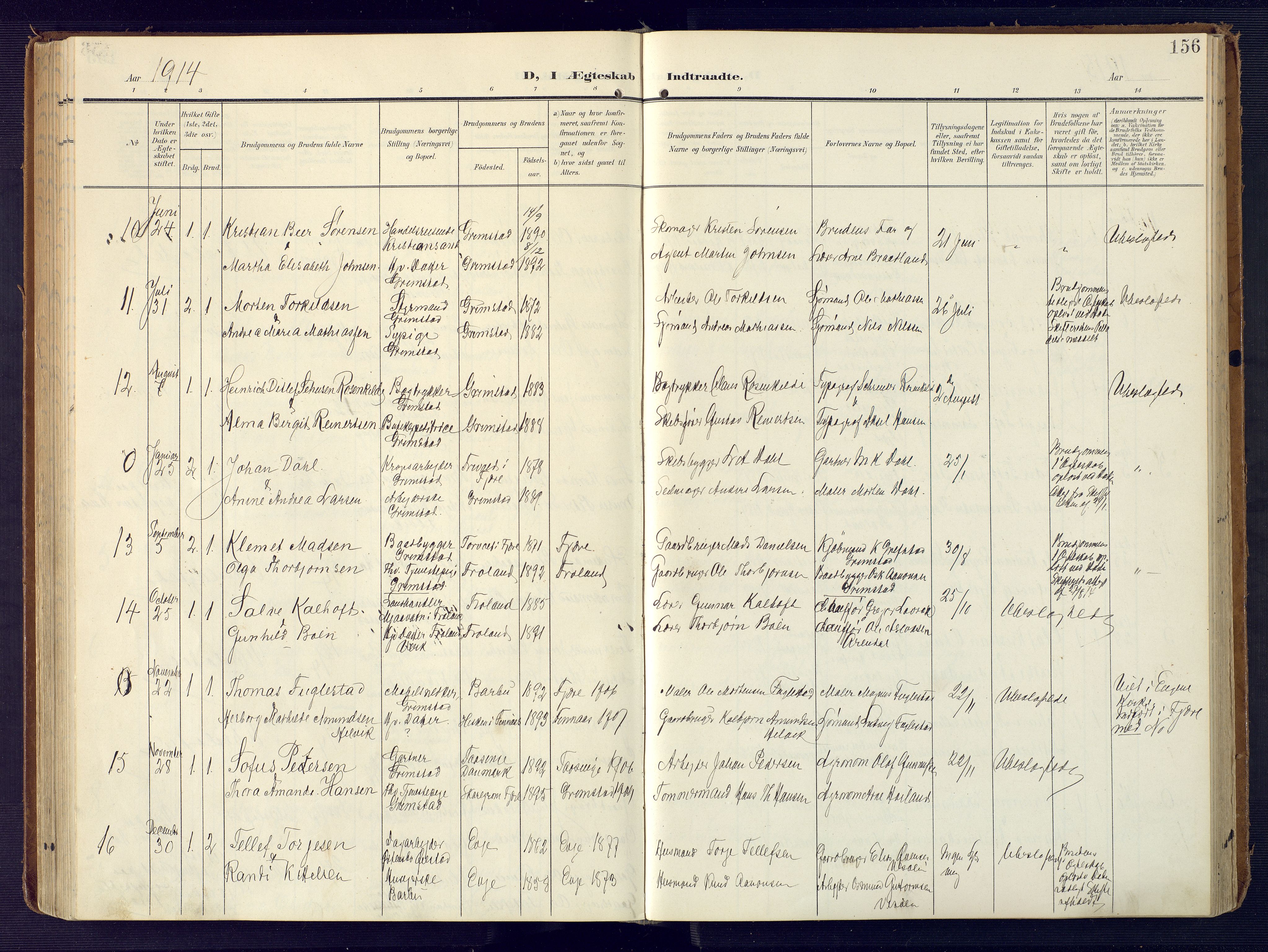 Grimstad sokneprestkontor, SAK/1111-0017/F/Fa/L0005: Parish register (official) no. A 4, 1911-1924, p. 156