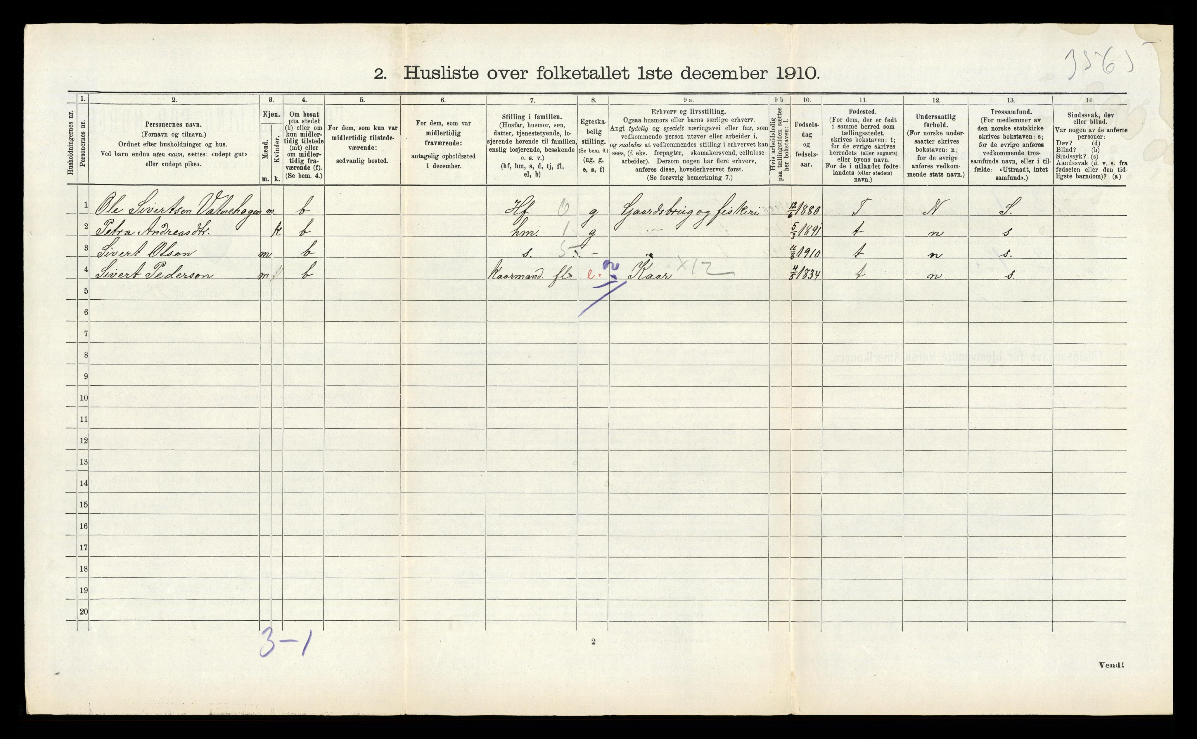 RA, 1910 census for Vatne, 1910, p. 412