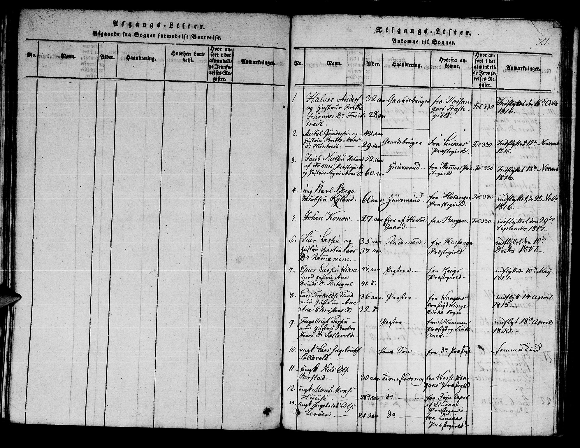 Manger sokneprestembete, SAB/A-76801/H/Haa: Parish register (official) no. A 3, 1816-1824, p. 301