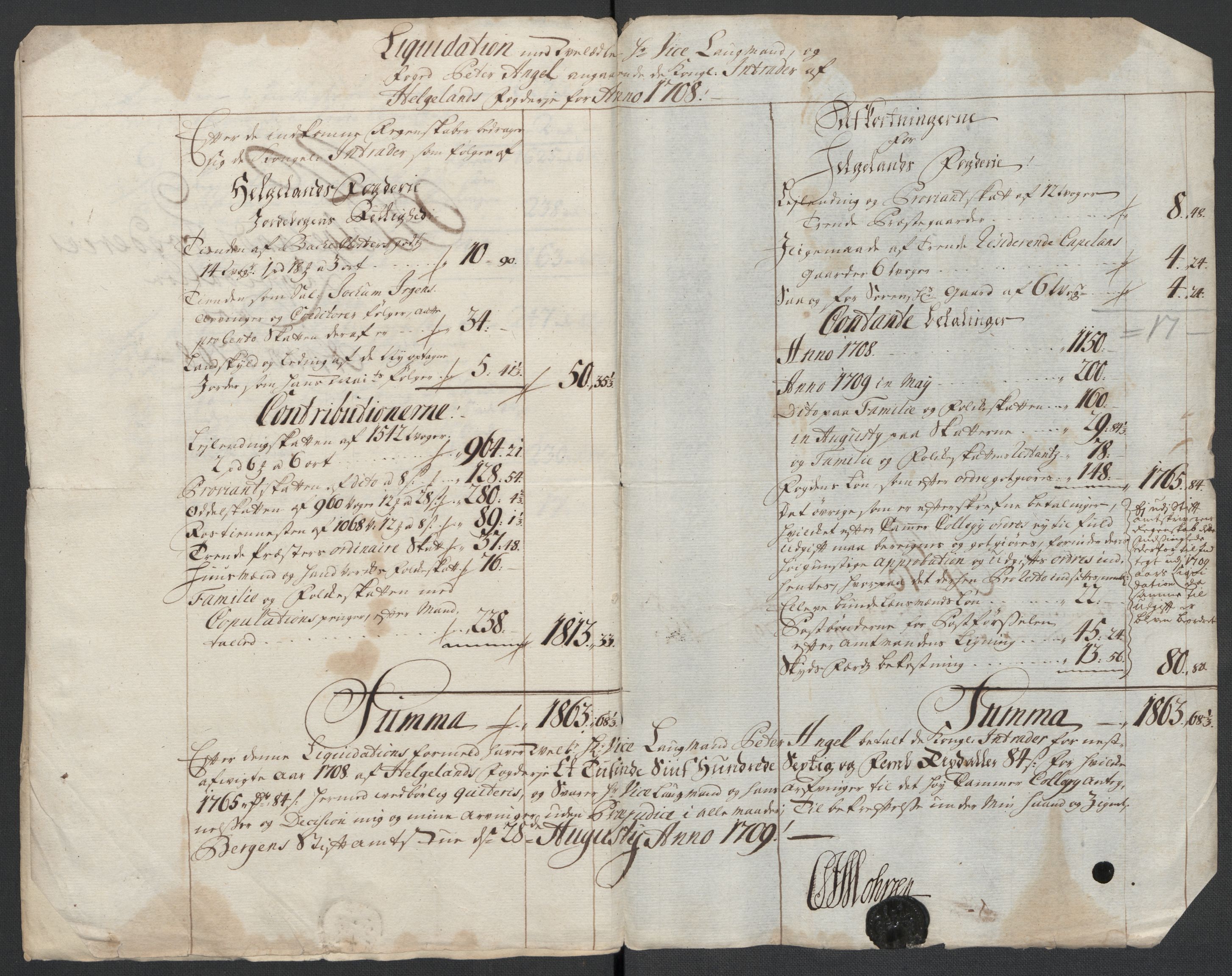 Rentekammeret inntil 1814, Reviderte regnskaper, Fogderegnskap, AV/RA-EA-4092/R65/L4510: Fogderegnskap Helgeland, 1708-1709, p. 7