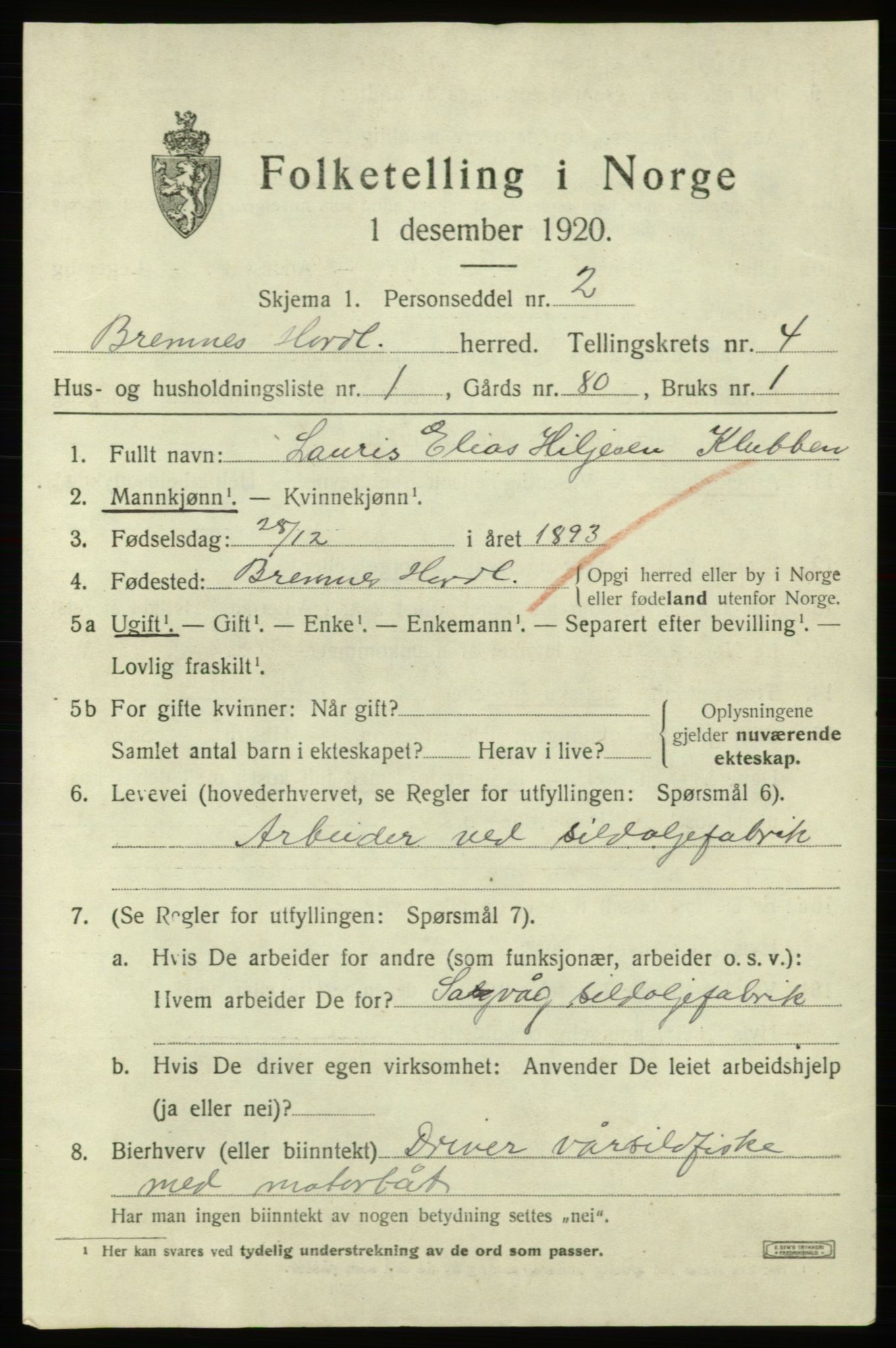 SAB, 1920 census for Bremnes, 1920, p. 1808