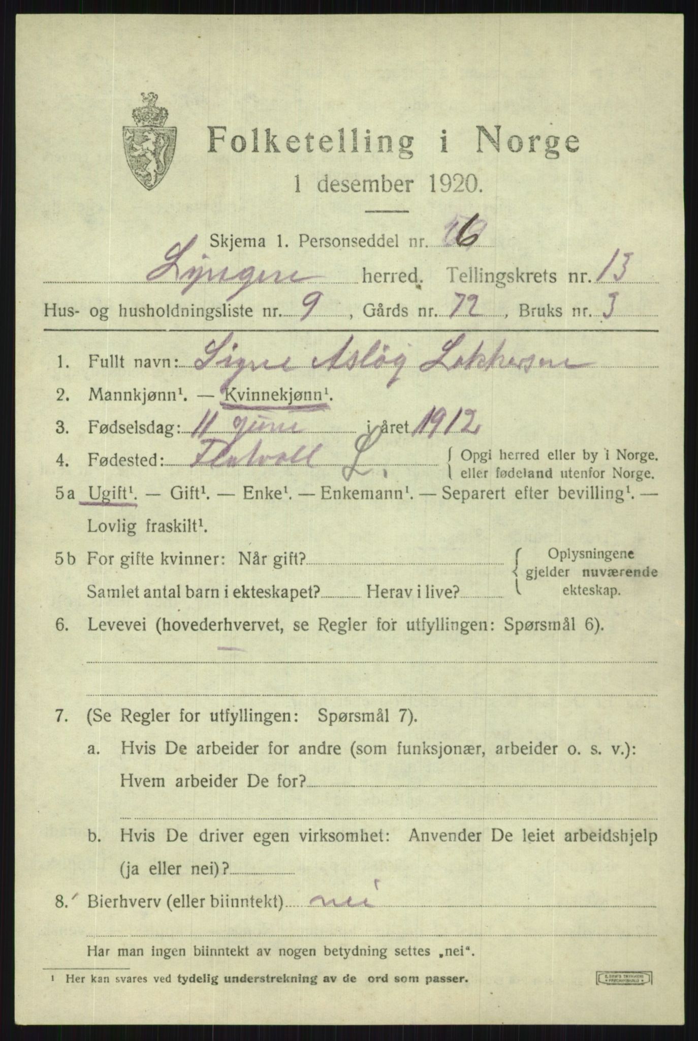 SATØ, 1920 census for Lyngen, 1920, p. 10175