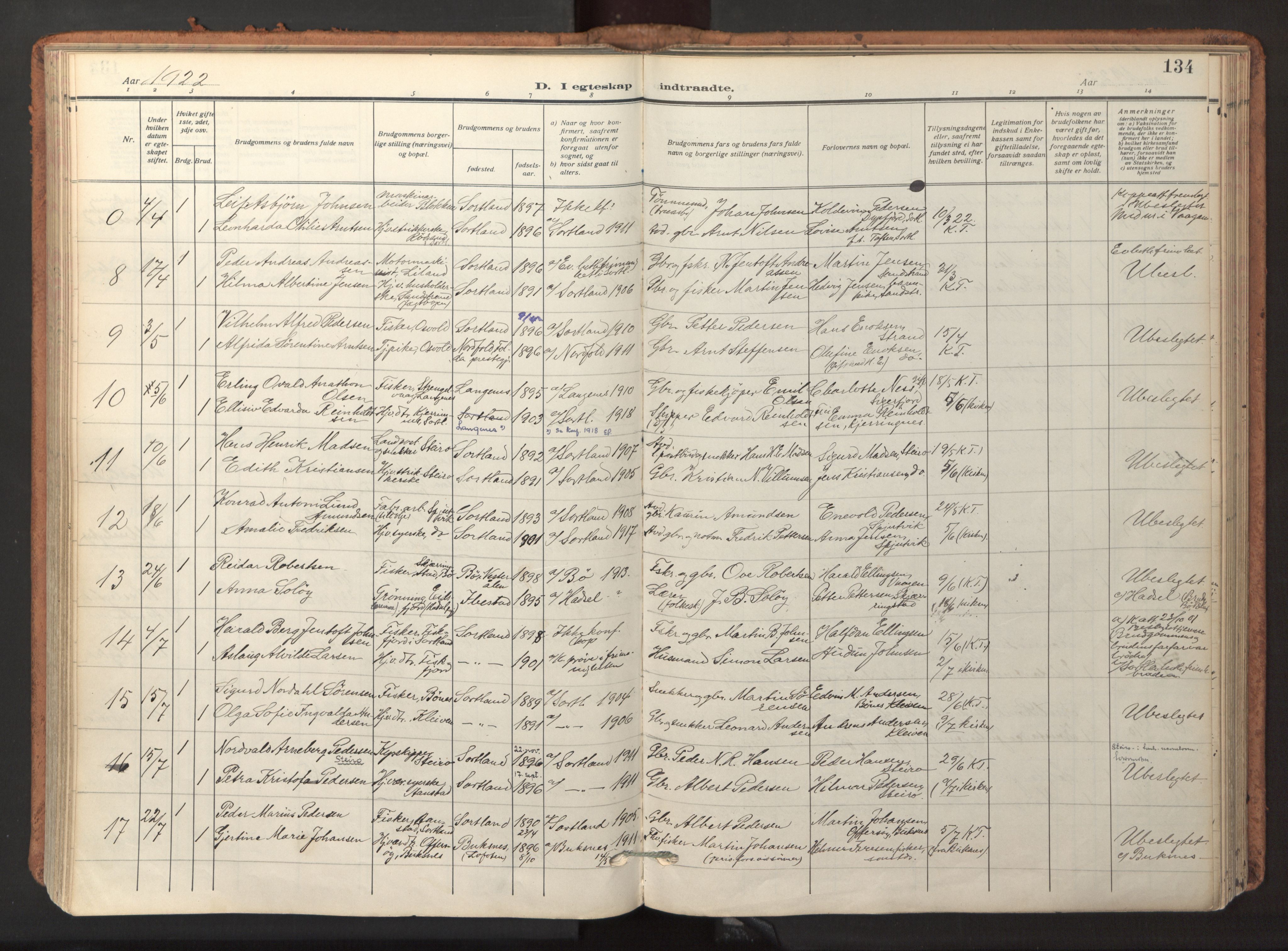Ministerialprotokoller, klokkerbøker og fødselsregistre - Nordland, SAT/A-1459/895/L1374: Parish register (official) no. 895A09, 1915-1925, p. 134