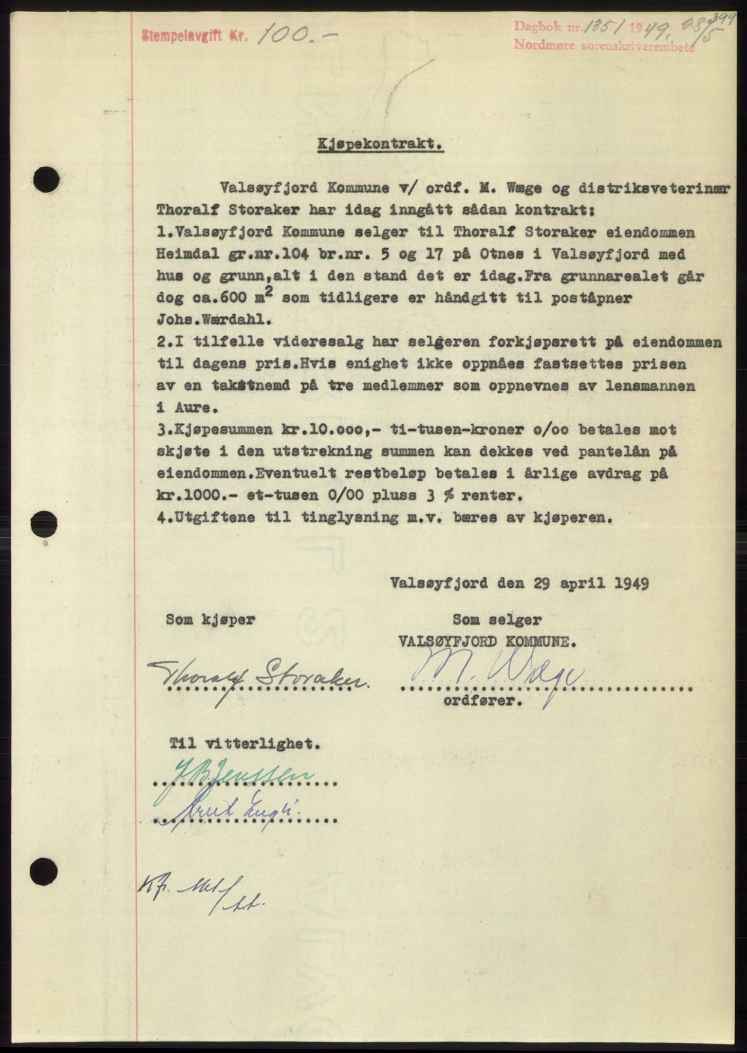 Nordmøre sorenskriveri, AV/SAT-A-4132/1/2/2Ca: Mortgage book no. B101, 1949-1949, Diary no: : 1351/1949