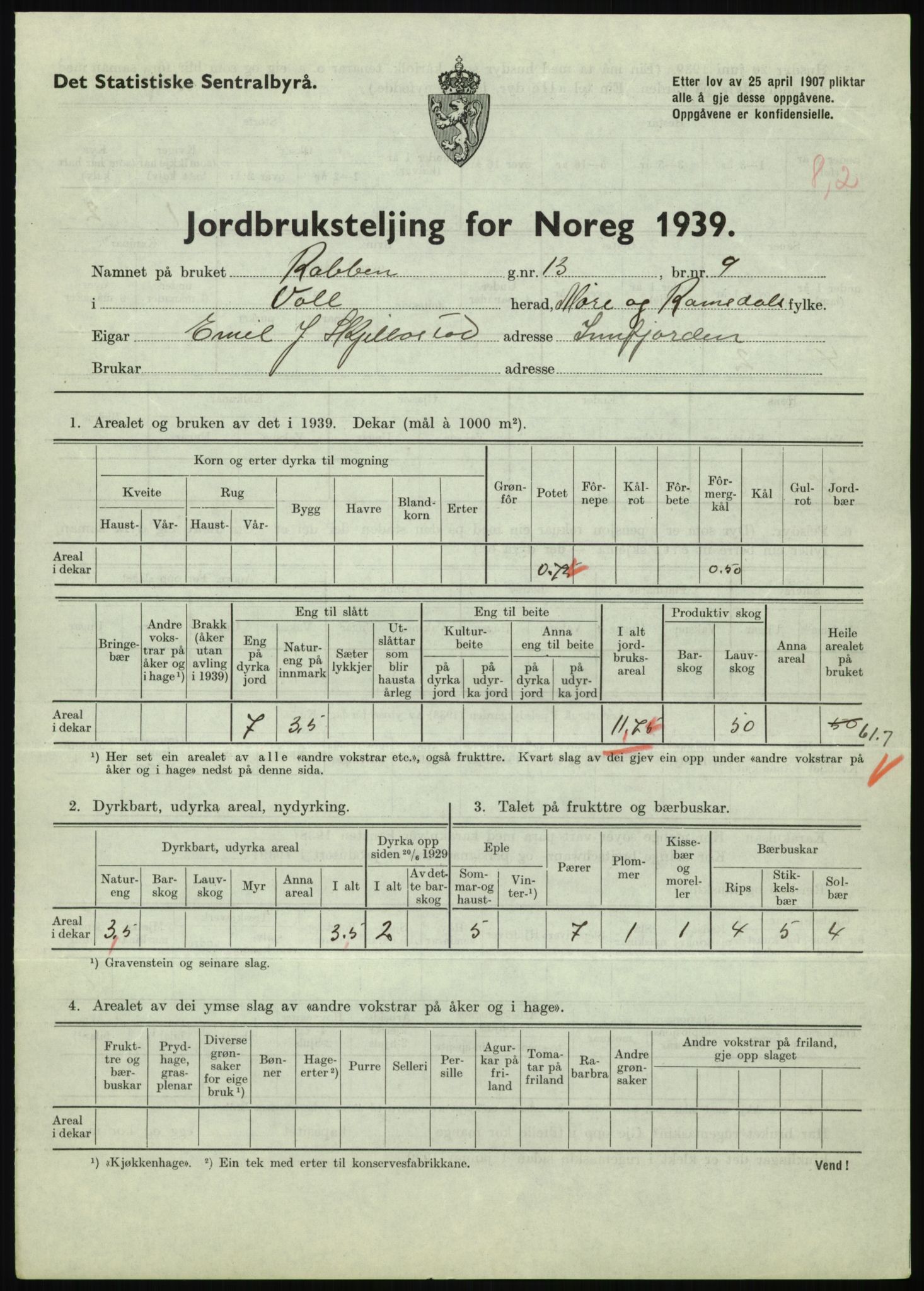 Statistisk sentralbyrå, Næringsøkonomiske emner, Jordbruk, skogbruk, jakt, fiske og fangst, AV/RA-S-2234/G/Gb/L0251: Møre og Romsdal: Voll, Eid, Grytten og Hen, 1939, p. 89