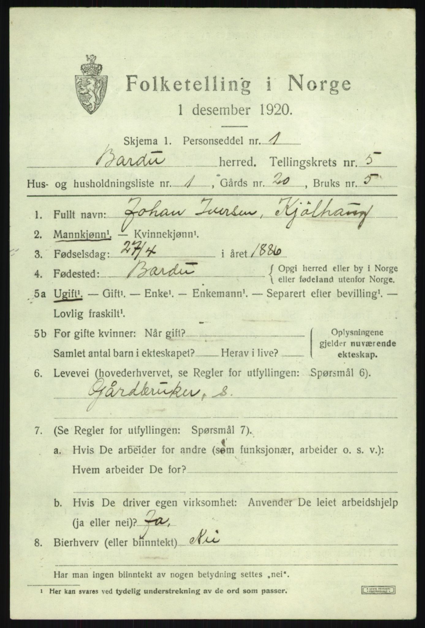 SATØ, 1920 census for Bardu, 1920, p. 2131