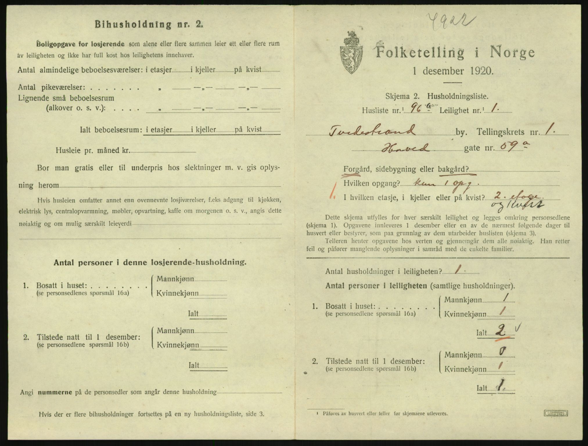 SAK, 1920 census for Tvedestrand, 1920, p. 879