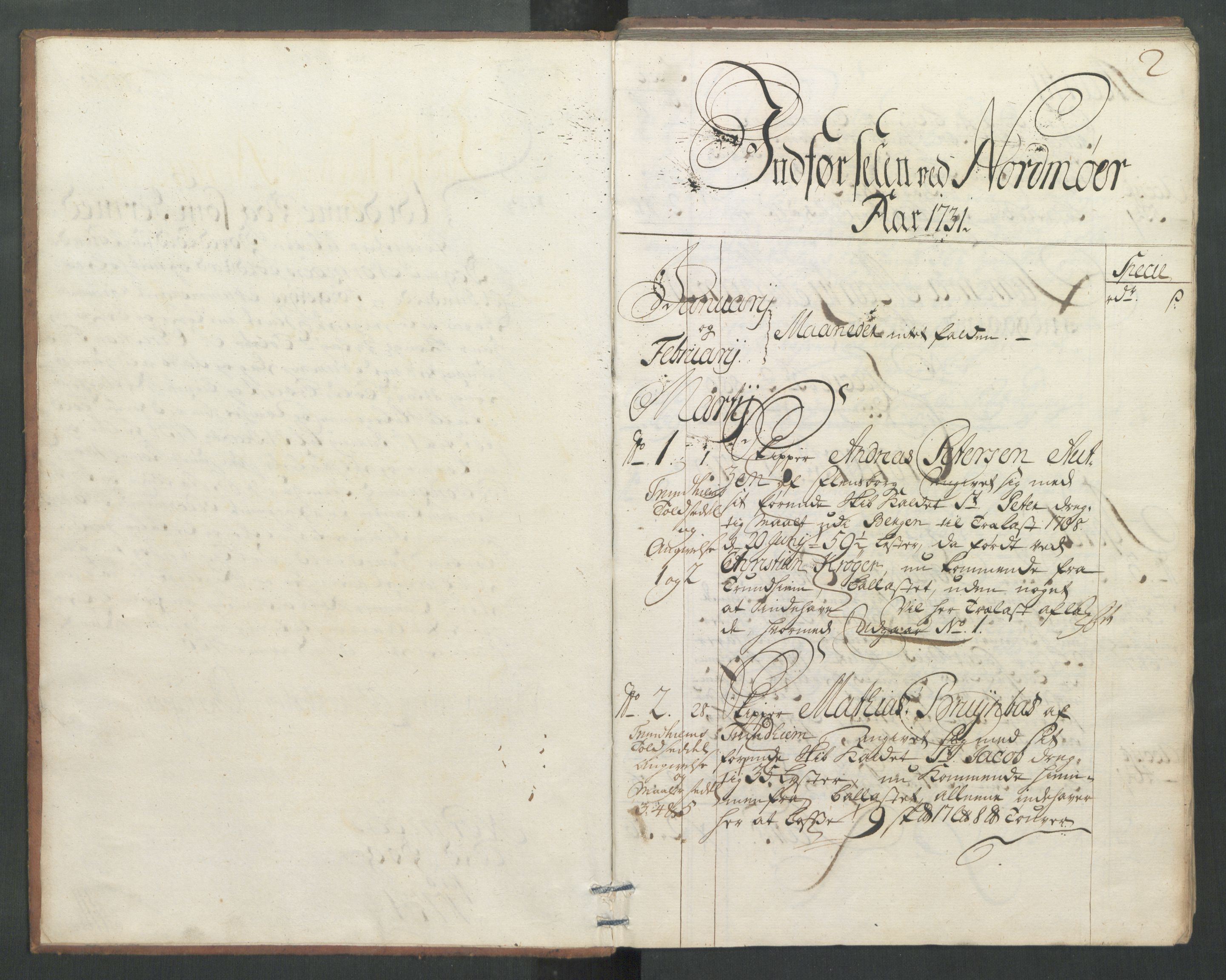 Generaltollkammeret, tollregnskaper, RA/EA-5490/R32/L0004/0001: Tollregnskaper Kristiansund / Hovedtollbok, 1731, p. 1b-2a