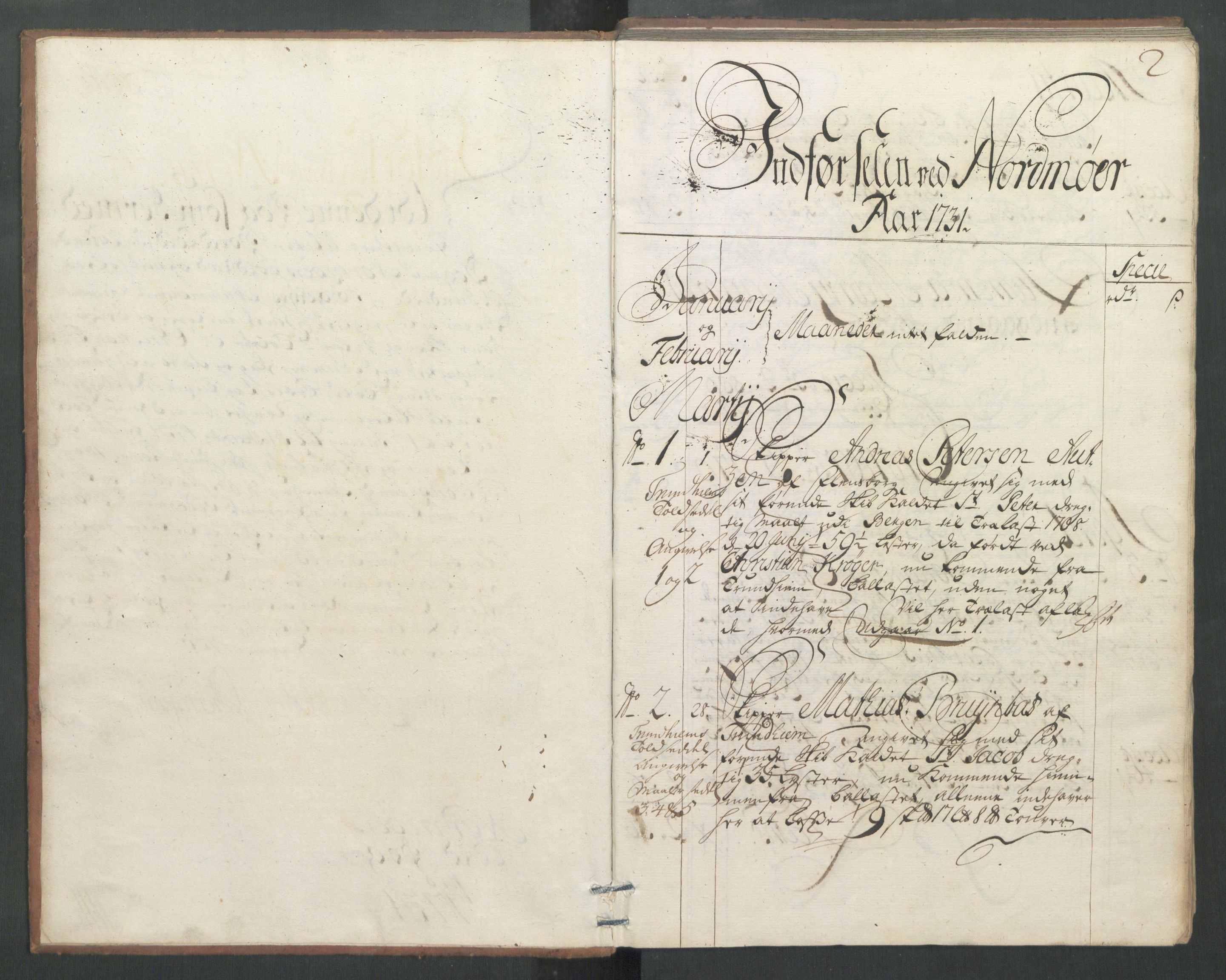 Generaltollkammeret, tollregnskaper, AV/RA-EA-5490/R32/L0004/0001: Tollregnskaper Kristiansund / Hovedtollbok, 1731, p. 1b-2a