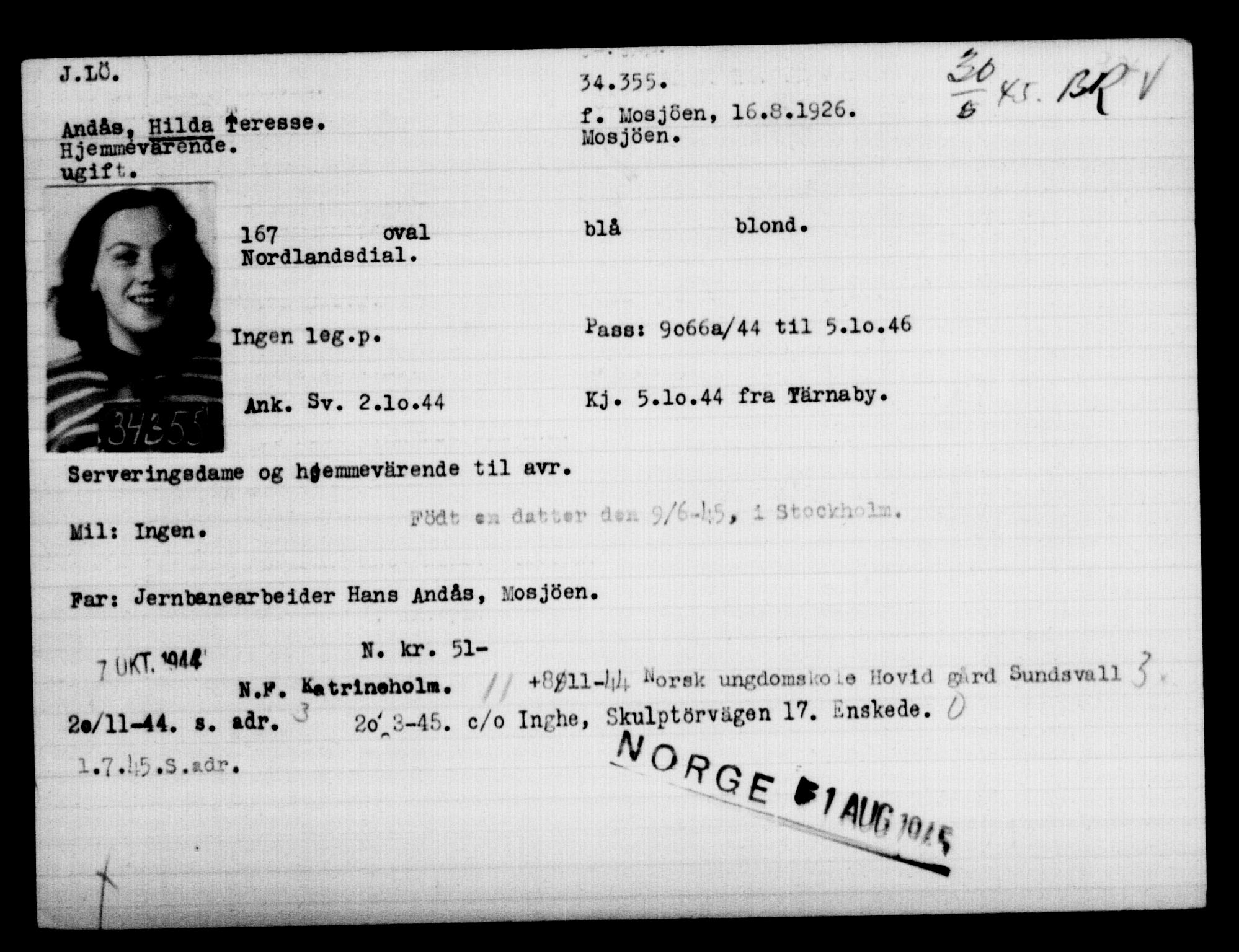 Utenriksstasjonene, Legasjonen i Stockholm, Flyktningkontoret, AV/RA-S-6753/V/Va/L0013: Kjesäterkartoteket, flyktninger med registreringsnr. 31500-34731, 1940-1945, p. 3008