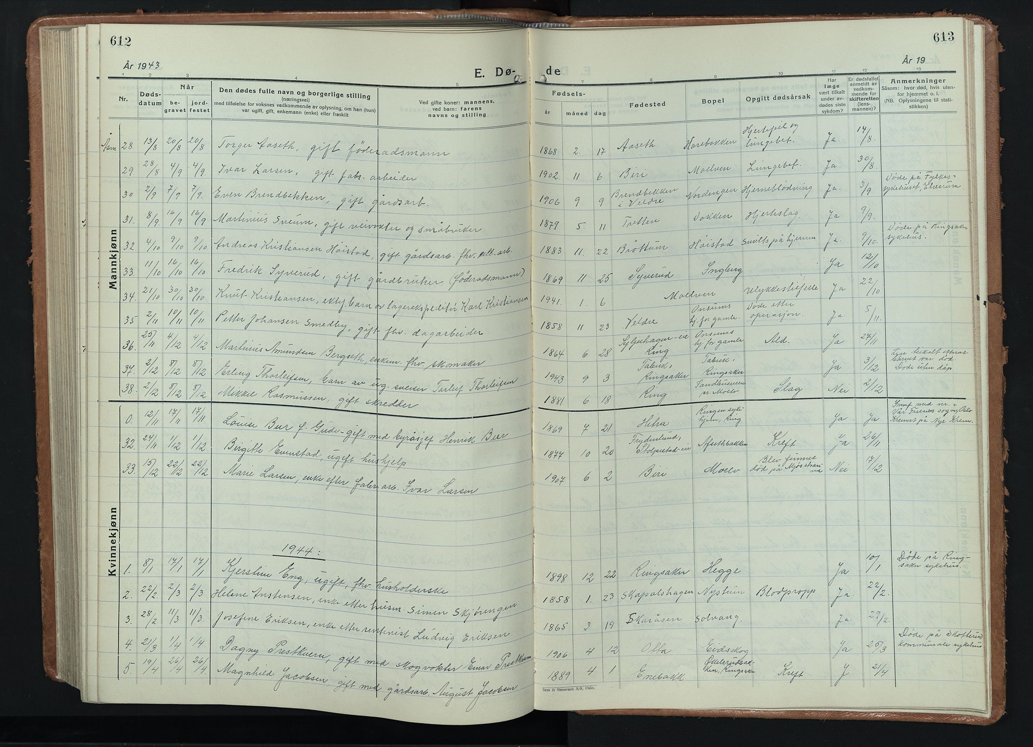 Ringsaker prestekontor, AV/SAH-PREST-014/L/La/L0020: Parish register (copy) no. 20, 1934-1946, p. 612-613