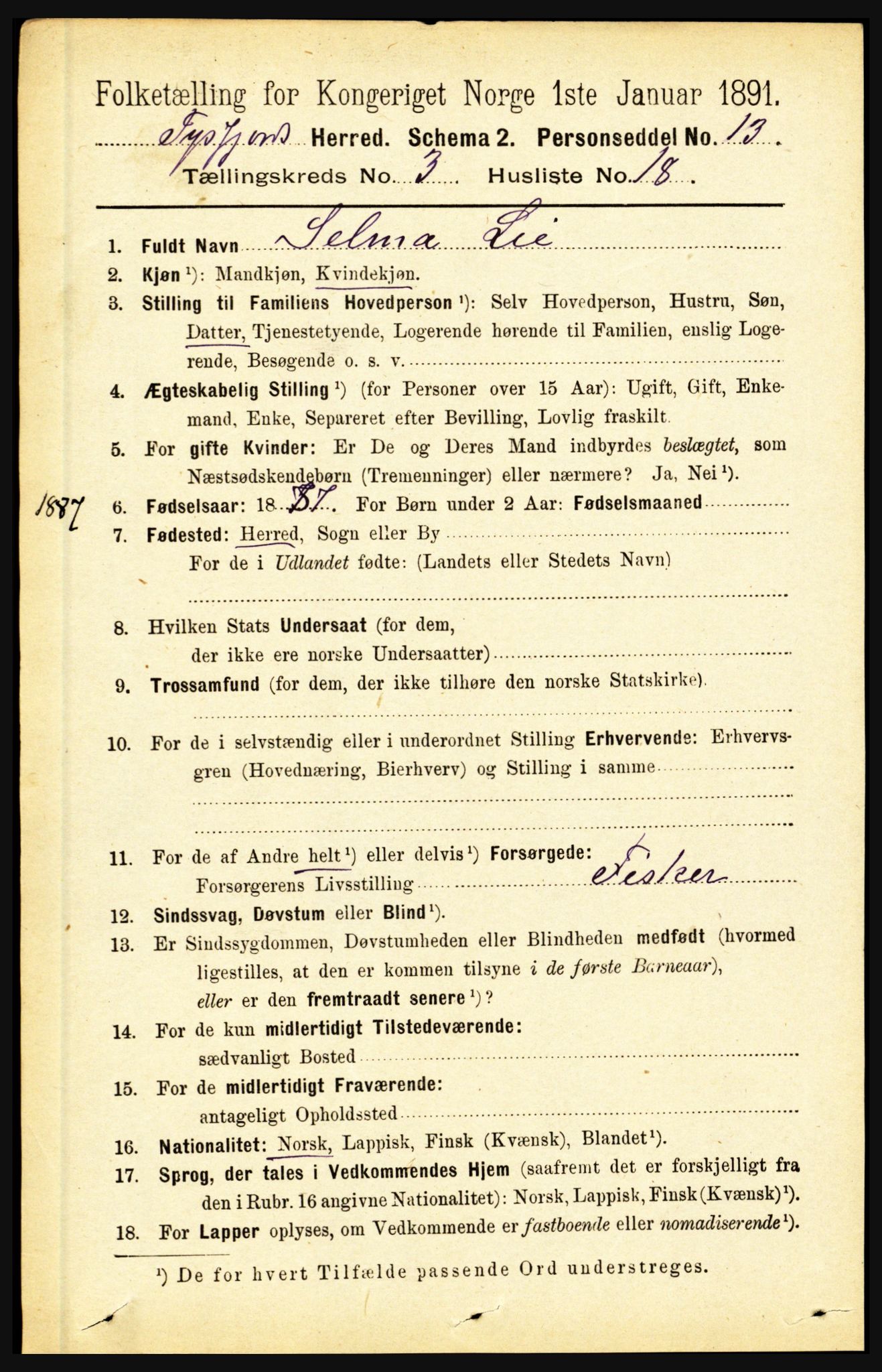 RA, 1891 census for 1850 Tysfjord, 1891, p. 1177