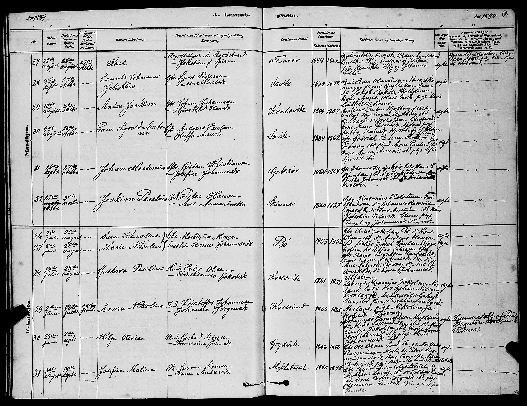 Ministerialprotokoller, klokkerbøker og fødselsregistre - Møre og Romsdal, SAT/A-1454/507/L0081: Parish register (copy) no. 507C04, 1878-1898, p. 69