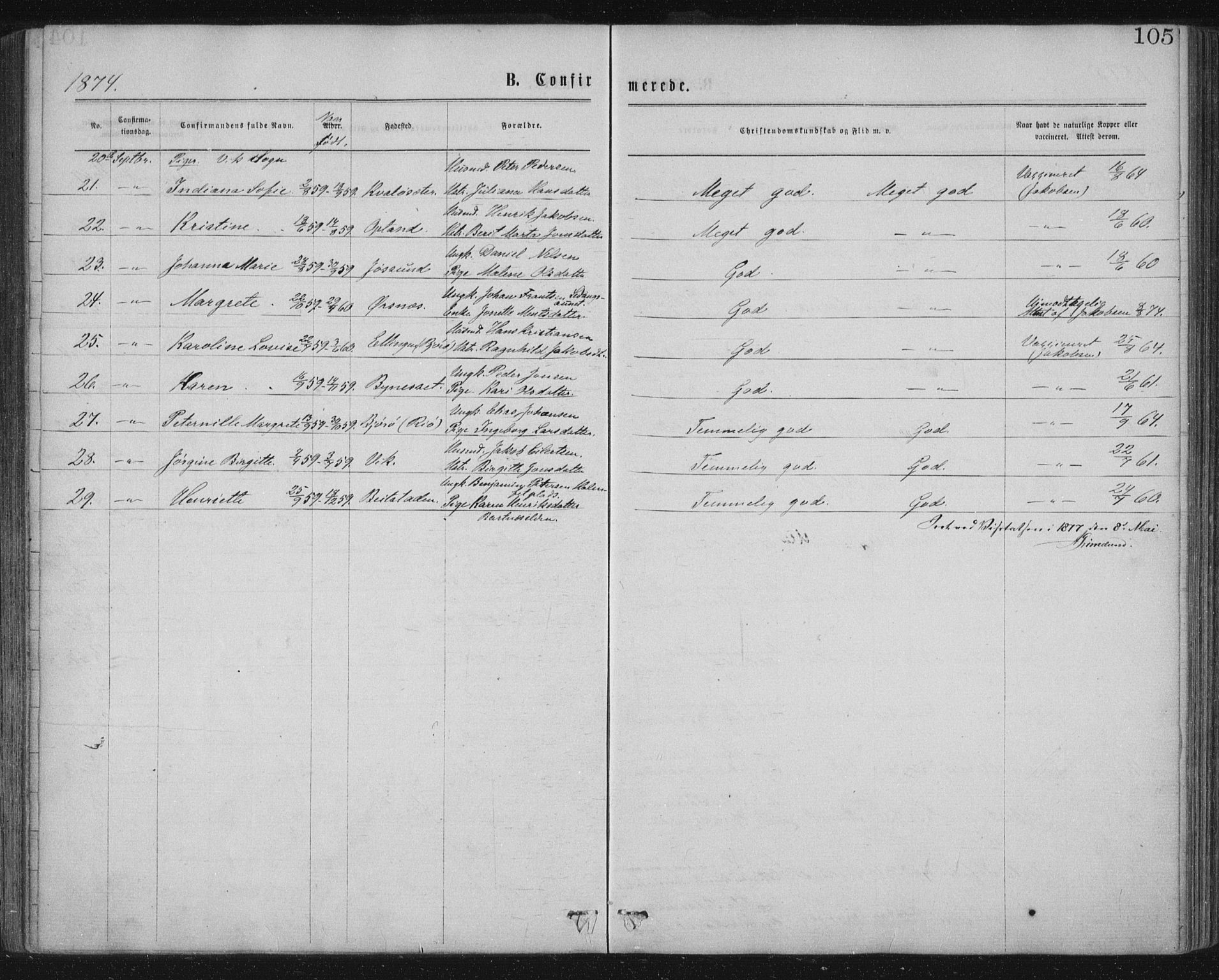 Ministerialprotokoller, klokkerbøker og fødselsregistre - Nord-Trøndelag, AV/SAT-A-1458/771/L0596: Parish register (official) no. 771A03, 1870-1884, p. 105