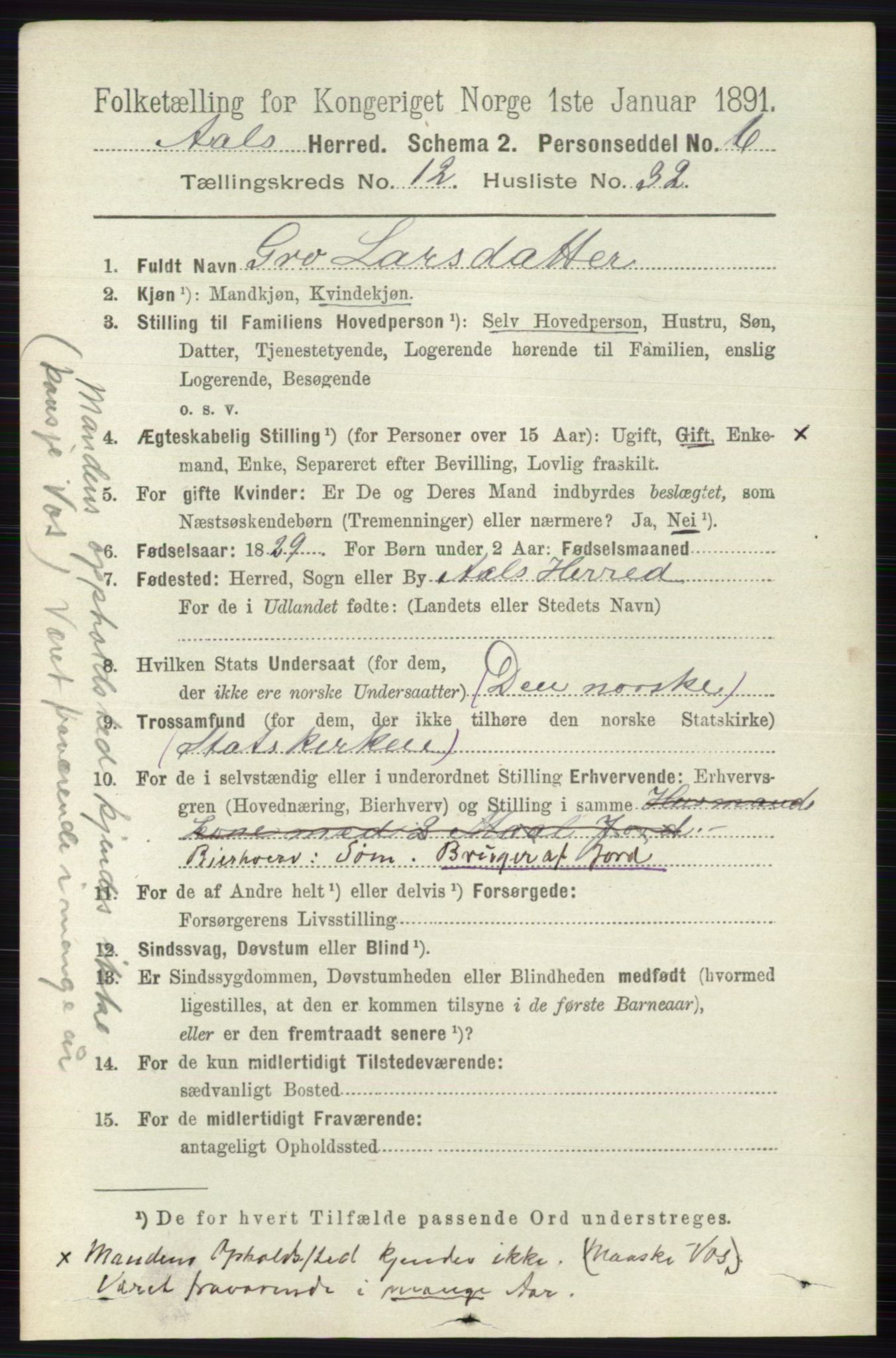 RA, 1891 census for 0619 Ål, 1891, p. 3196