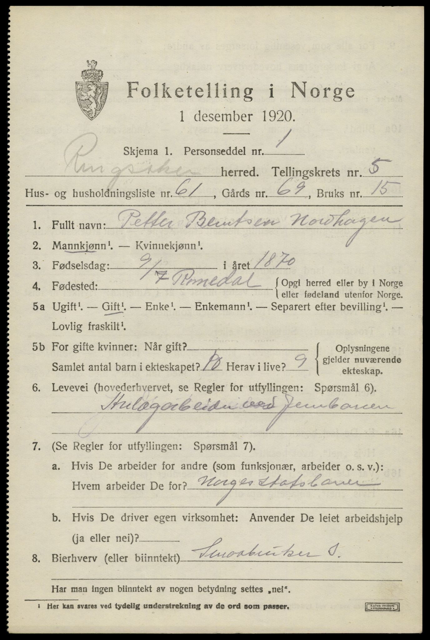 SAH, 1920 census for Stange, 1920, p. 9585