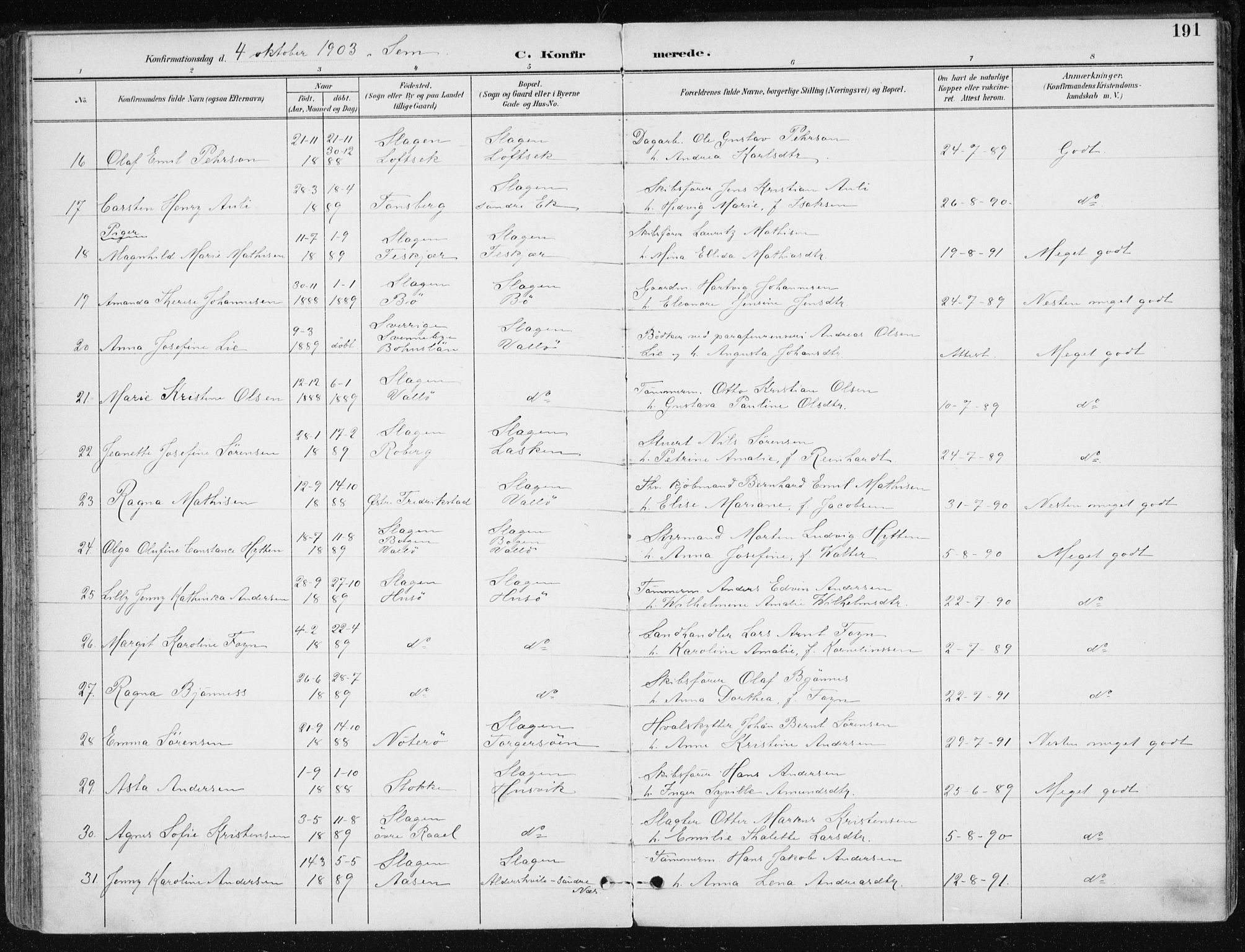 Sem kirkebøker, AV/SAKO-A-5/F/Fb/L0005: Parish register (official) no. II 5, 1892-1904, p. 191