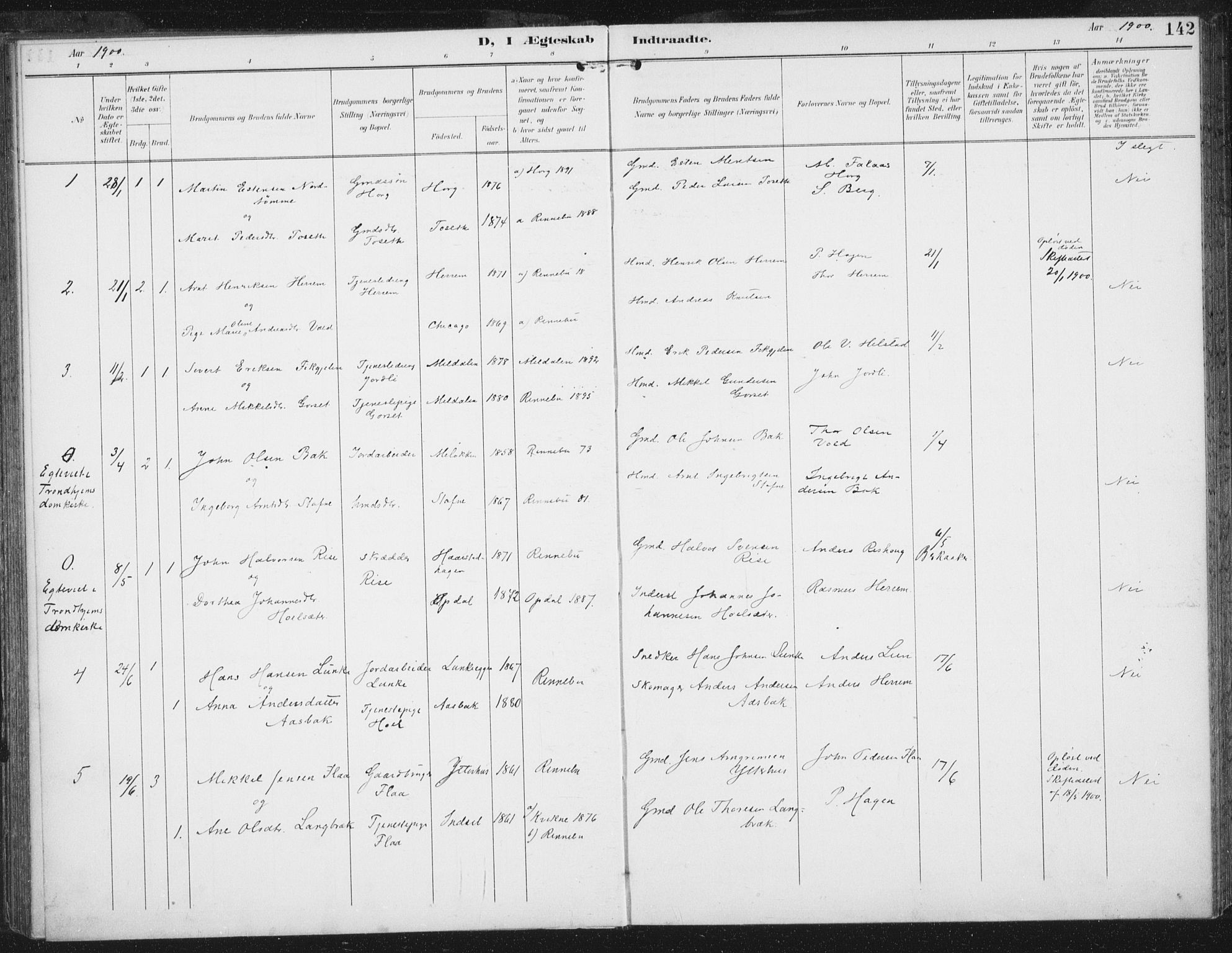 Ministerialprotokoller, klokkerbøker og fødselsregistre - Sør-Trøndelag, SAT/A-1456/674/L0872: Parish register (official) no. 674A04, 1897-1907, p. 142