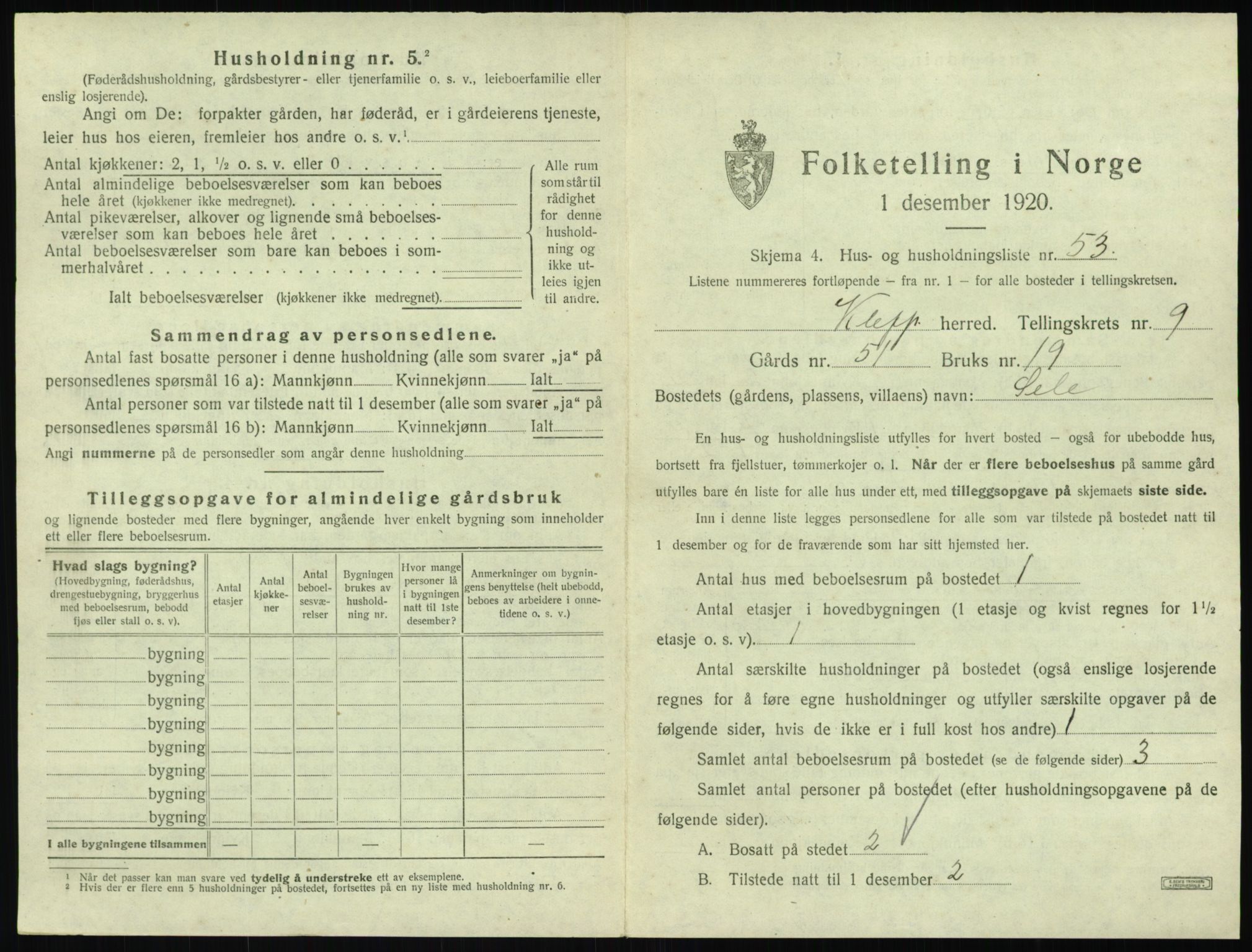 SAST, 1920 census for Klepp, 1920, p. 1170