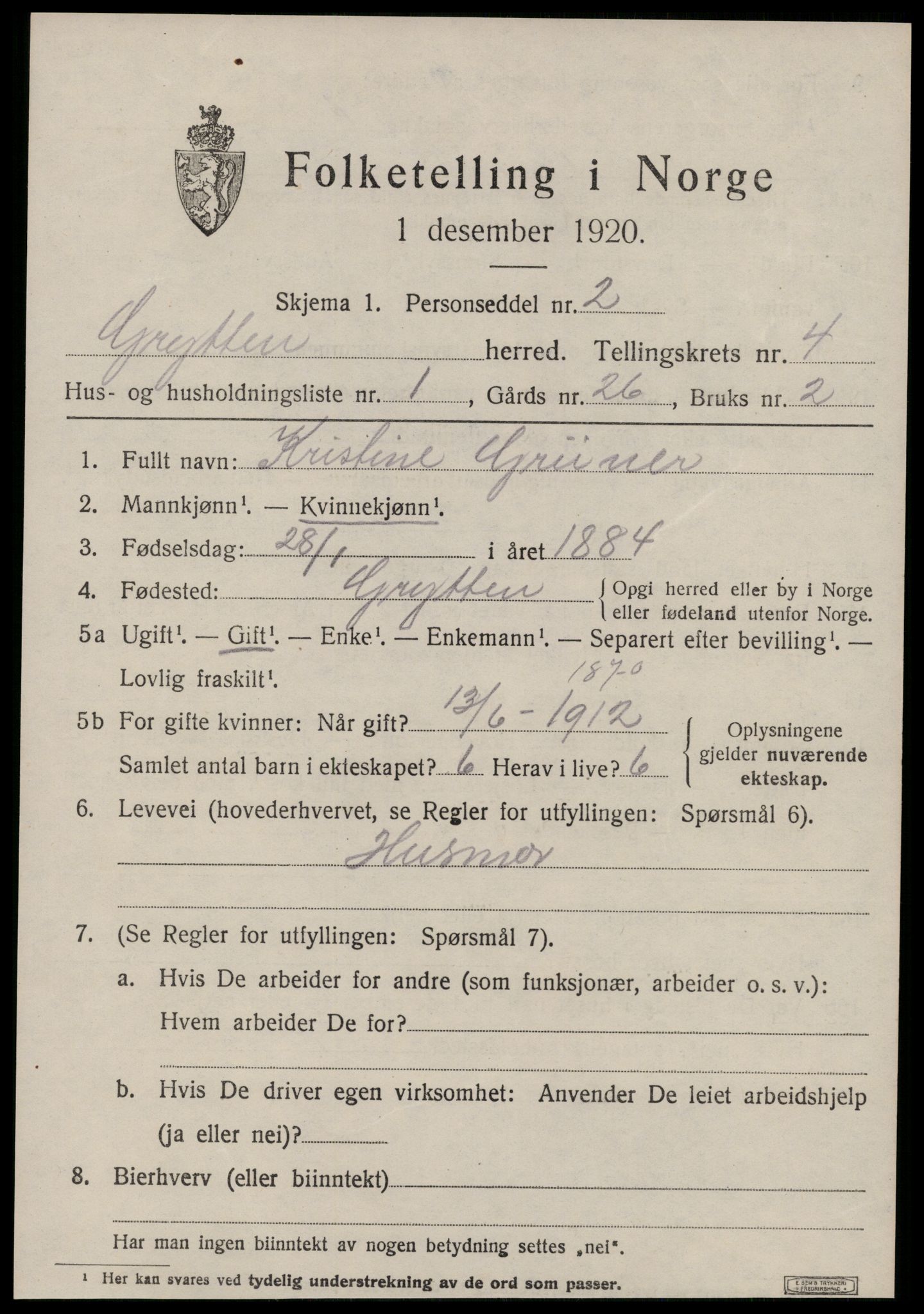 SAT, 1920 census for Grytten, 1920, p. 2622