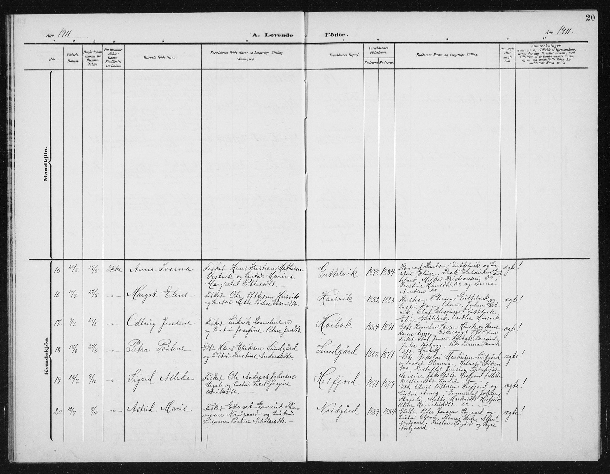 Ministerialprotokoller, klokkerbøker og fødselsregistre - Sør-Trøndelag, AV/SAT-A-1456/656/L0699: Parish register (copy) no. 656C05, 1905-1920, p. 20