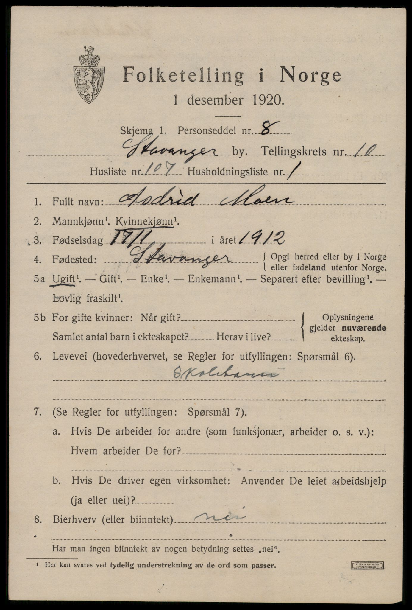 SAST, 1920 census for Stavanger, 1920, p. 53638