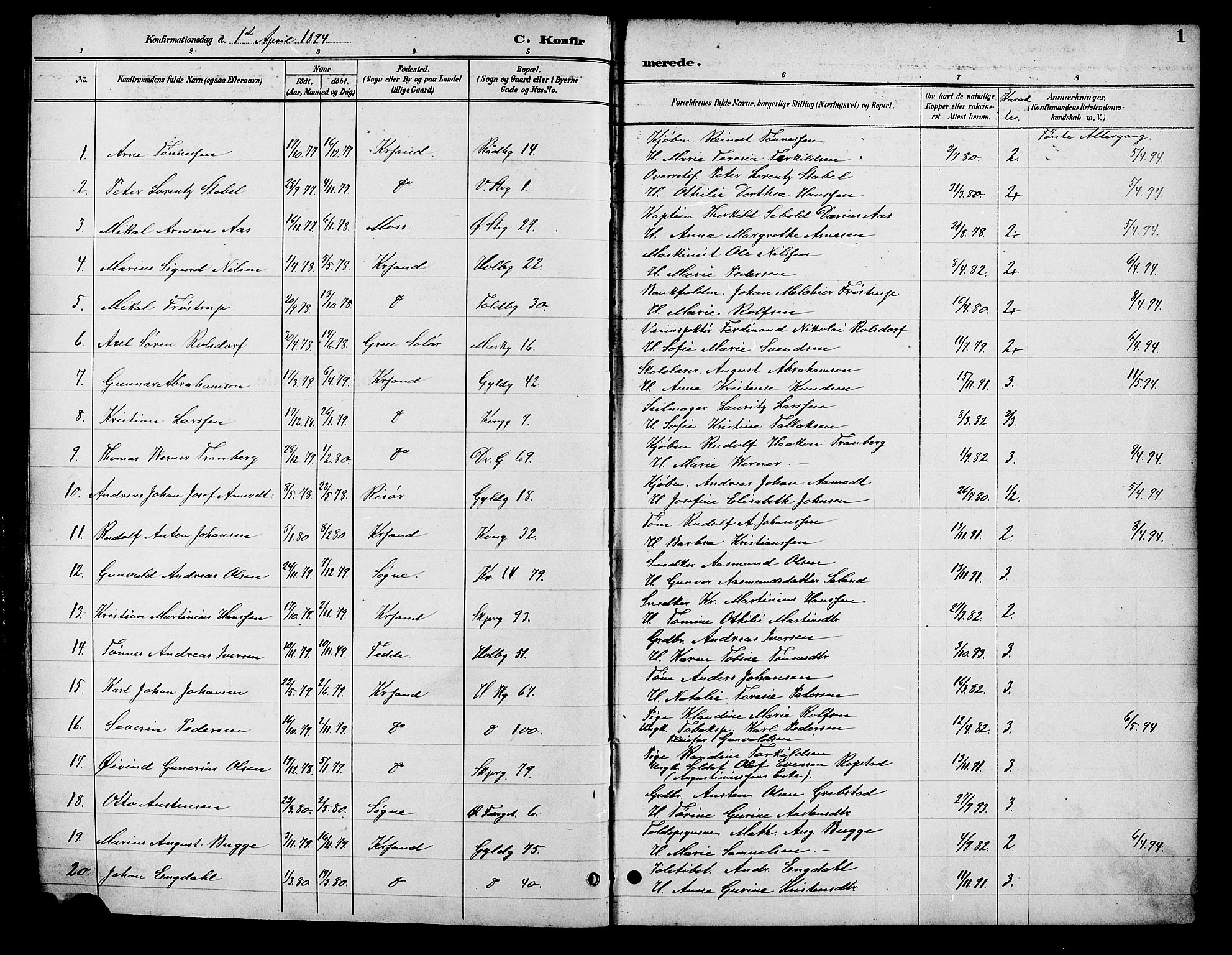 Kristiansand domprosti, SAK/1112-0006/F/Fb/L0017: Parish register (copy) no. B 17, 1893-1906, p. 1