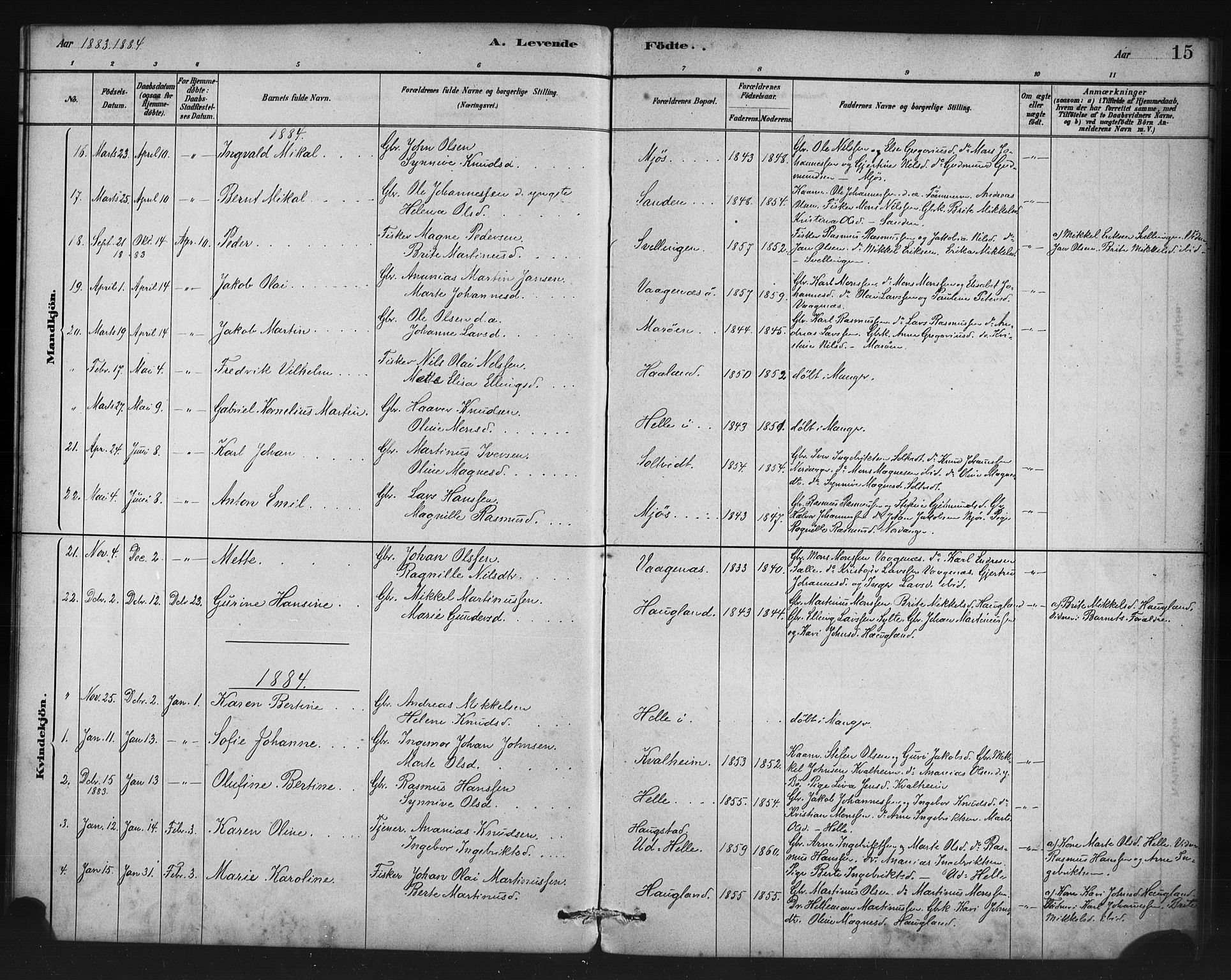 Manger sokneprestembete, AV/SAB-A-76801/H/Haa: Parish register (official) no. C 1, 1881-1890, p. 15