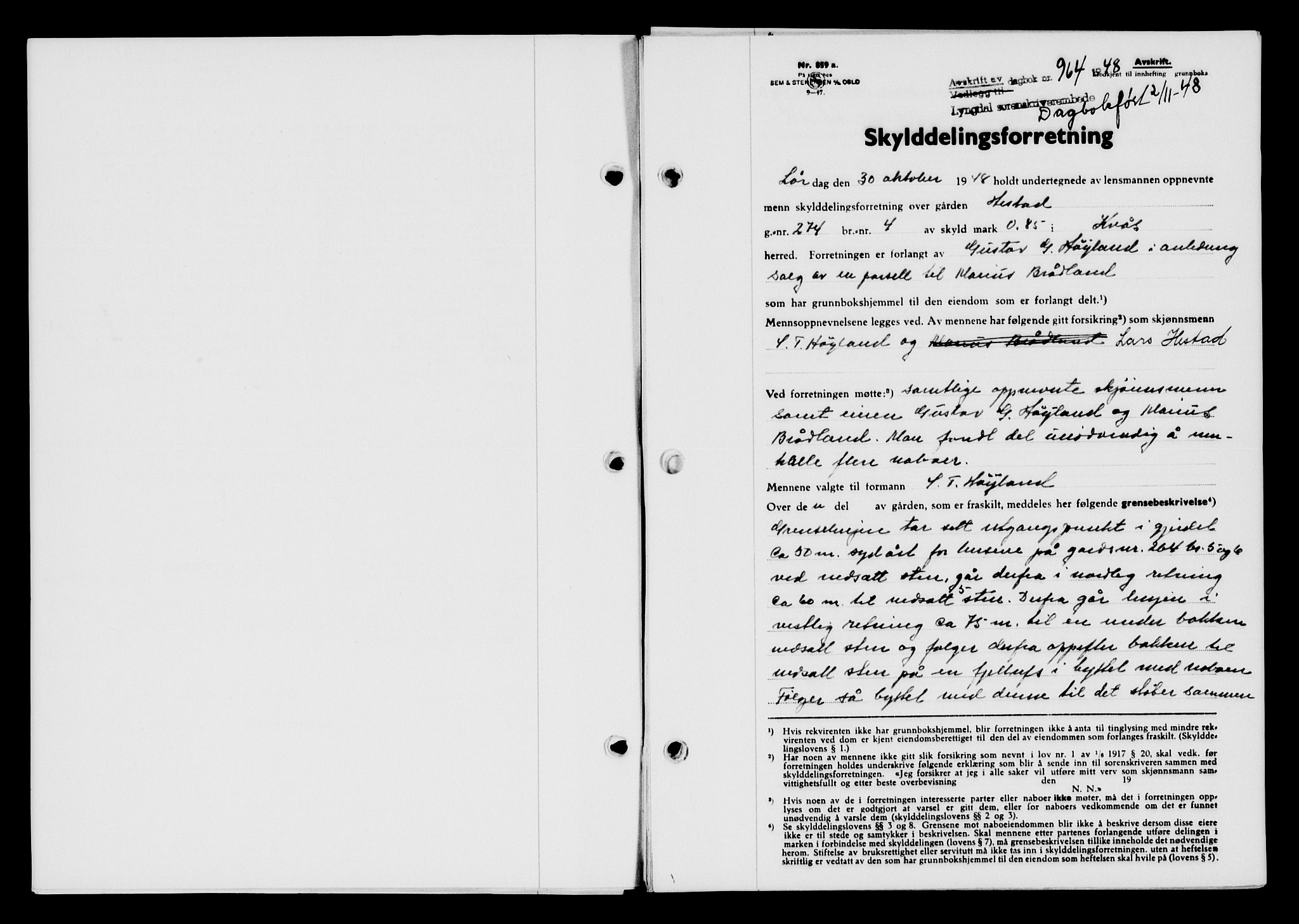 Lyngdal sorenskriveri, AV/SAK-1221-0004/G/Gb/L0663: Mortgage book no. A IX, 1948-1949, Diary no: : 964/1948