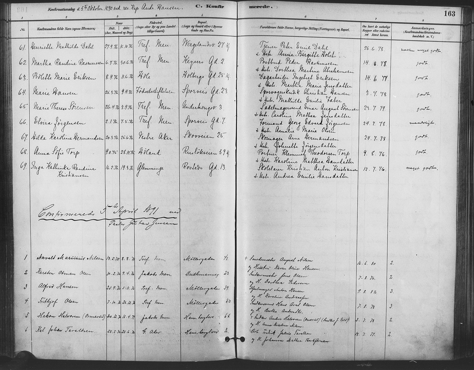 Trefoldighet prestekontor Kirkebøker, SAO/A-10882/F/Fb/L0003: Parish register (official) no. II 3, 1881-1895, p. 163