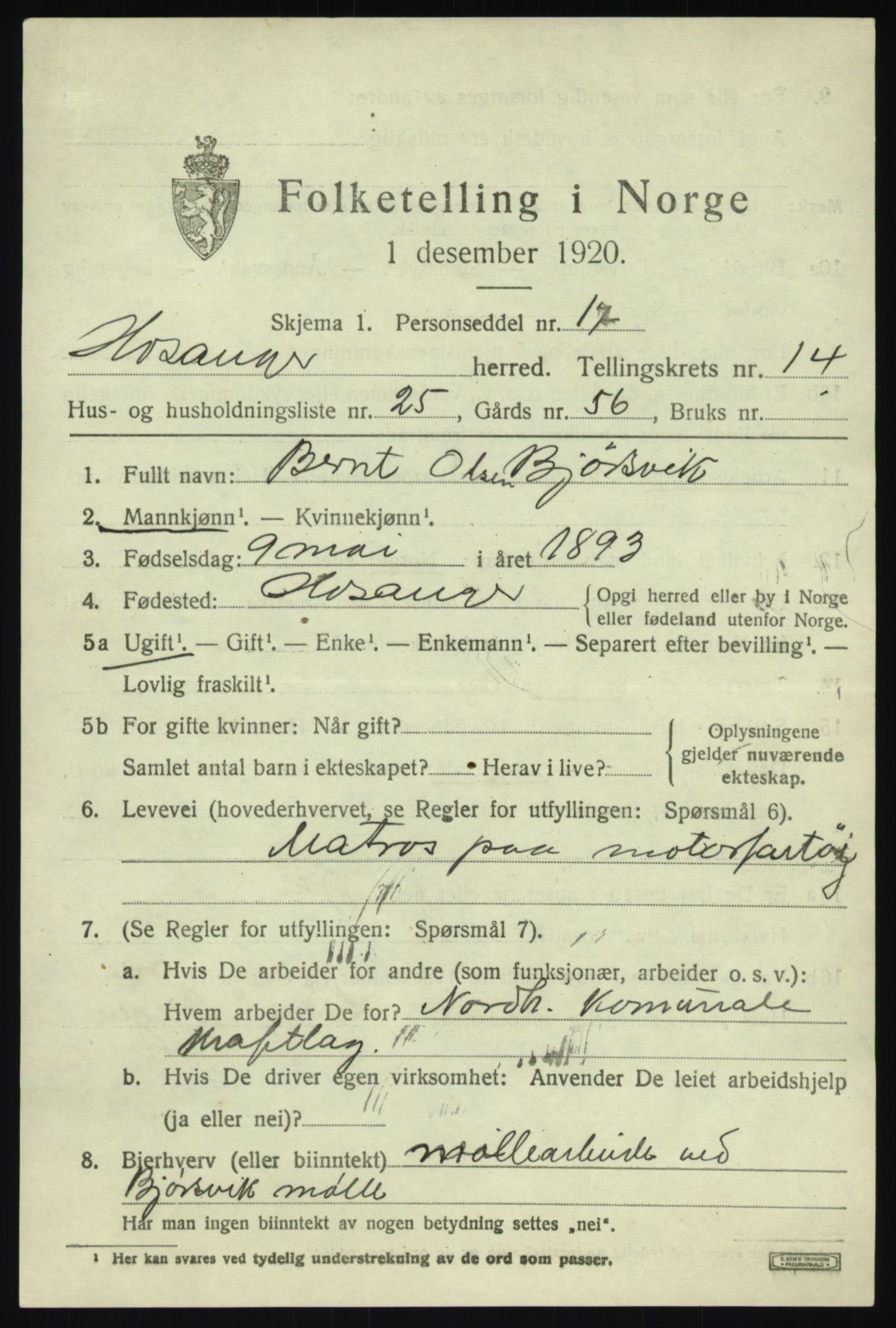SAB, 1920 census for Hosanger, 1920, p. 5809