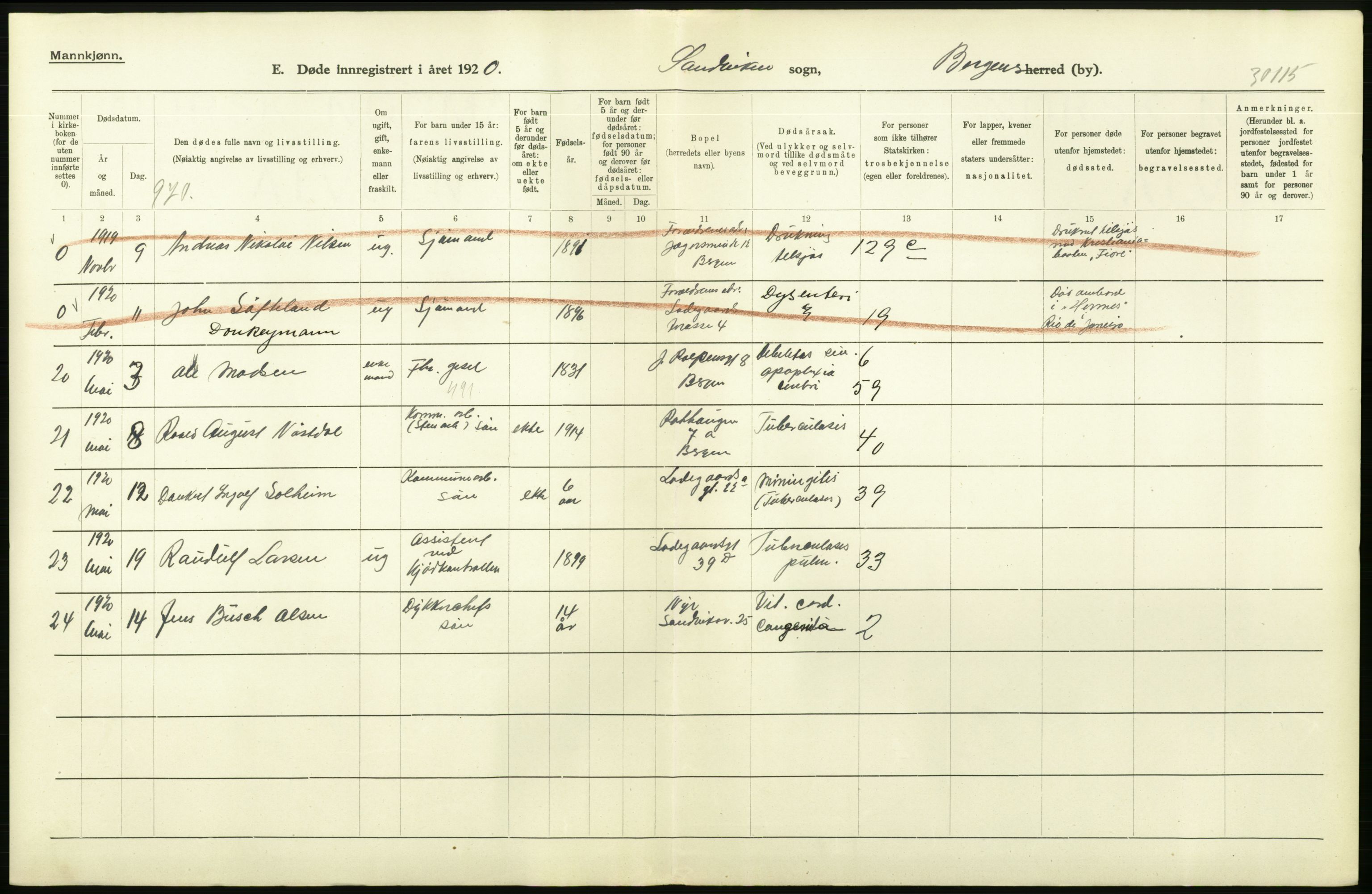 Statistisk sentralbyrå, Sosiodemografiske emner, Befolkning, AV/RA-S-2228/D/Df/Dfb/Dfbj/L0042: Bergen: Gifte, døde, dødfødte., 1920, p. 466