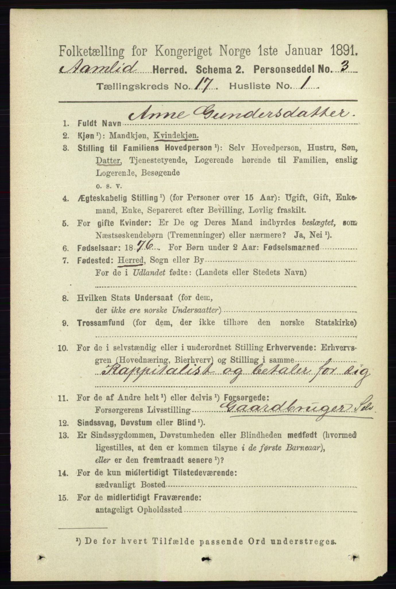 RA, 1891 census for 0929 Åmli, 1891, p. 2807