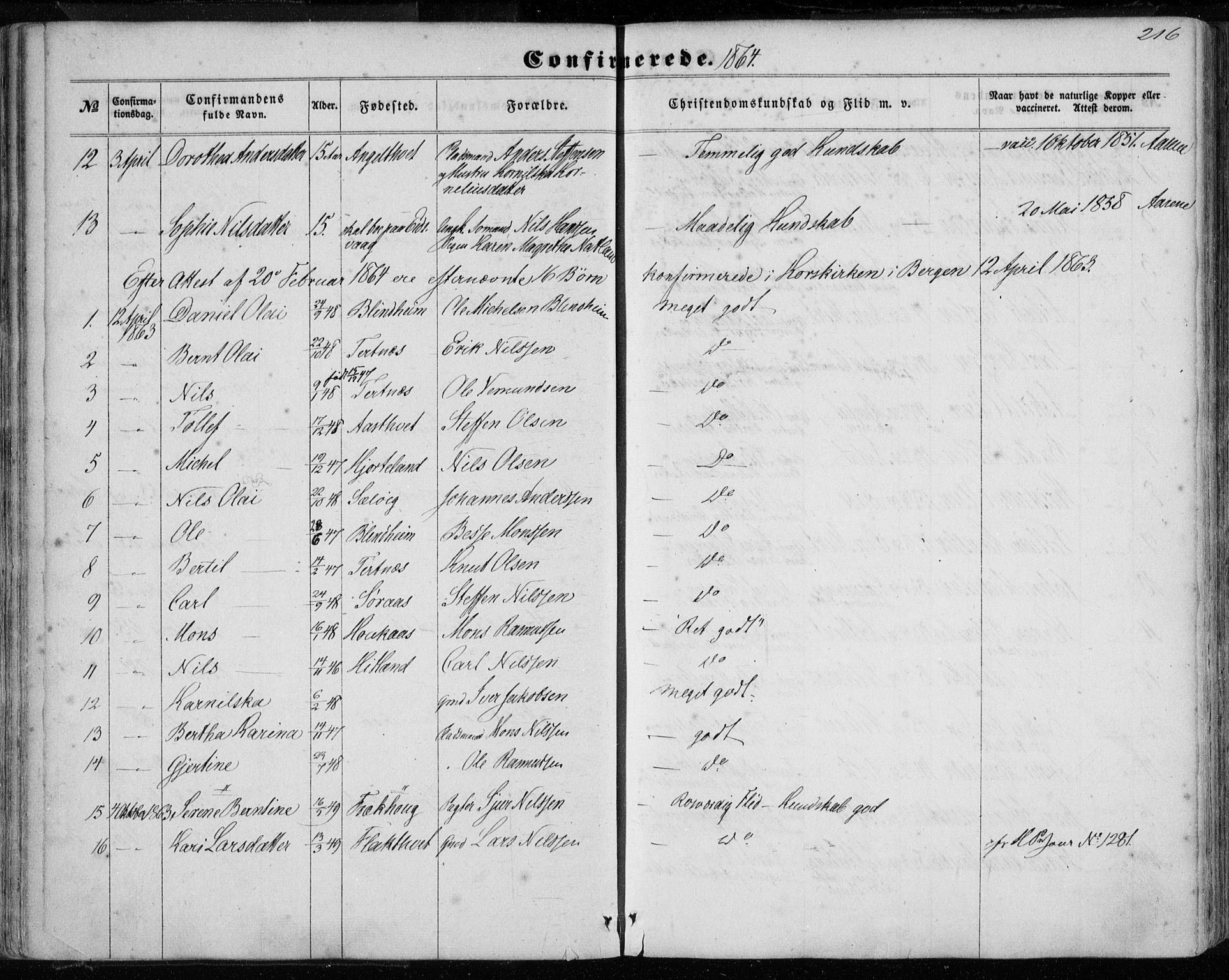 Hamre sokneprestembete, AV/SAB-A-75501/H/Ha/Haa/Haaa/L0014: Parish register (official) no. A 14, 1858-1872, p. 216