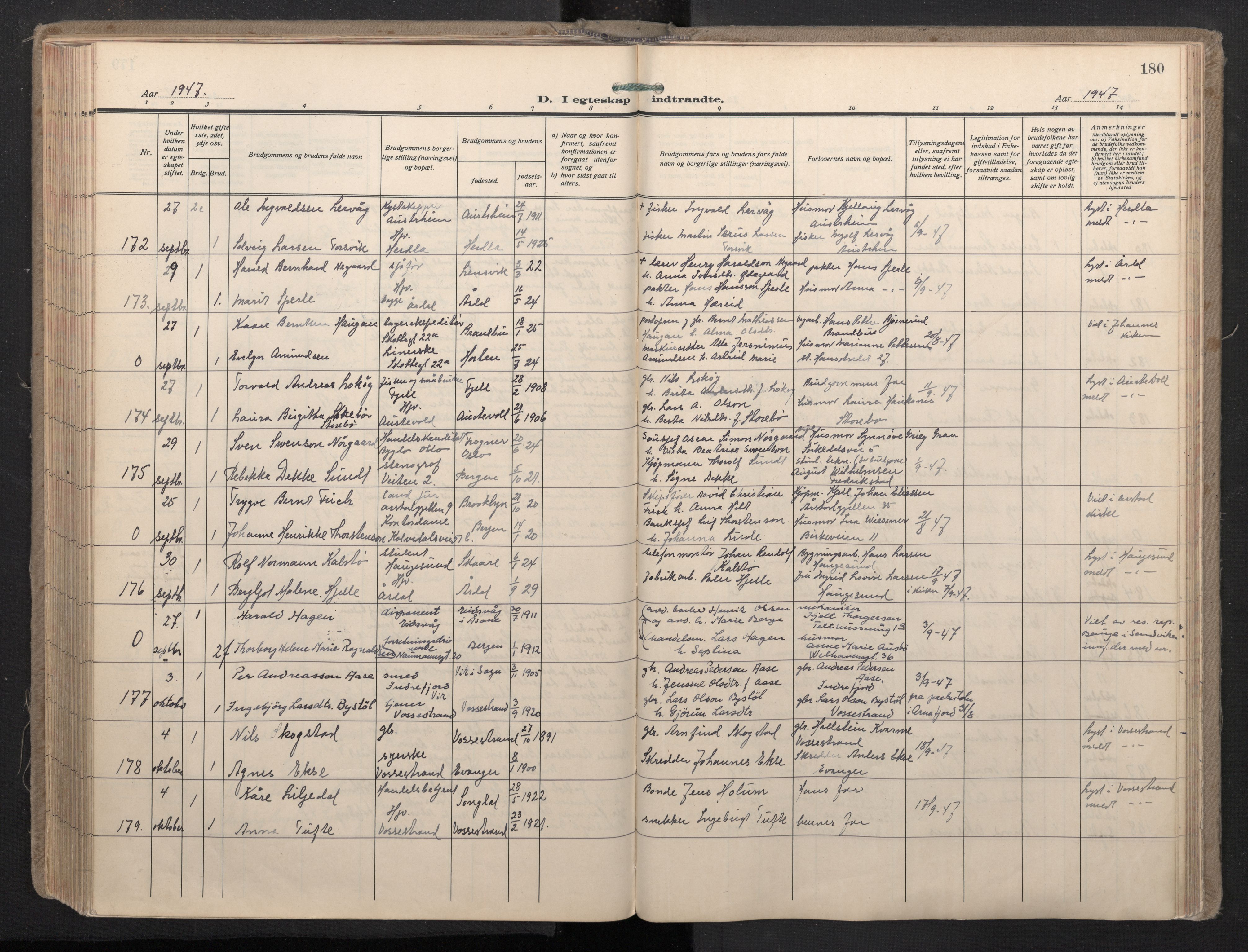 Domkirken sokneprestembete, SAB/A-74801/H/Haa: Parish register (official) no. D 7, 1937-1950, p. 179b-180a