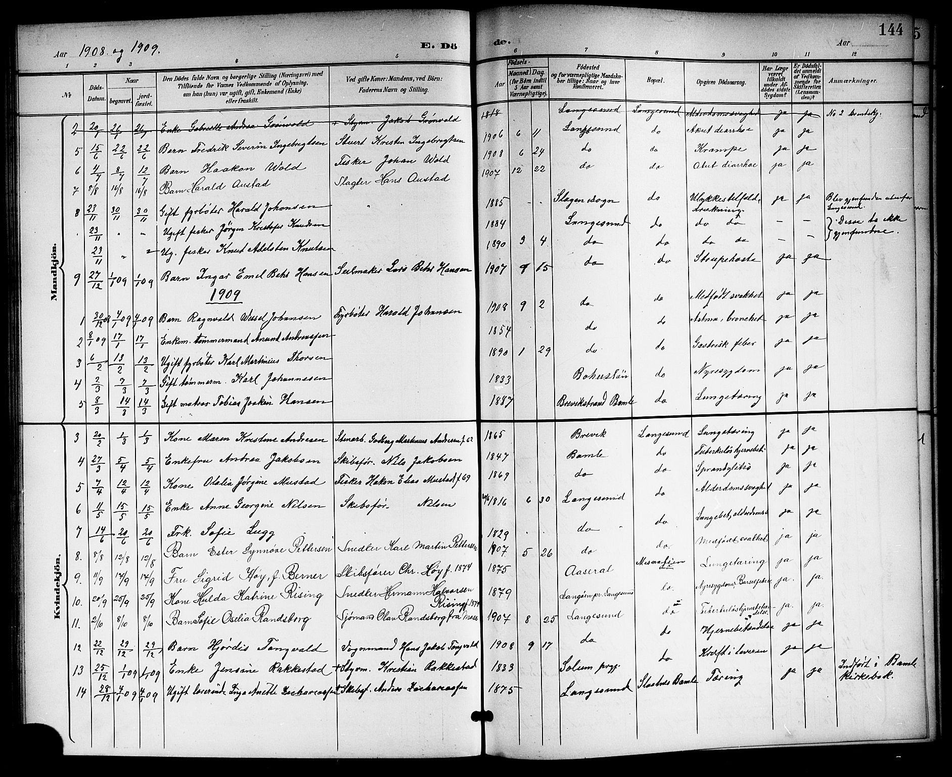 Langesund kirkebøker, AV/SAKO-A-280/G/Ga/L0006: Parish register (copy) no. 6, 1899-1918, p. 144