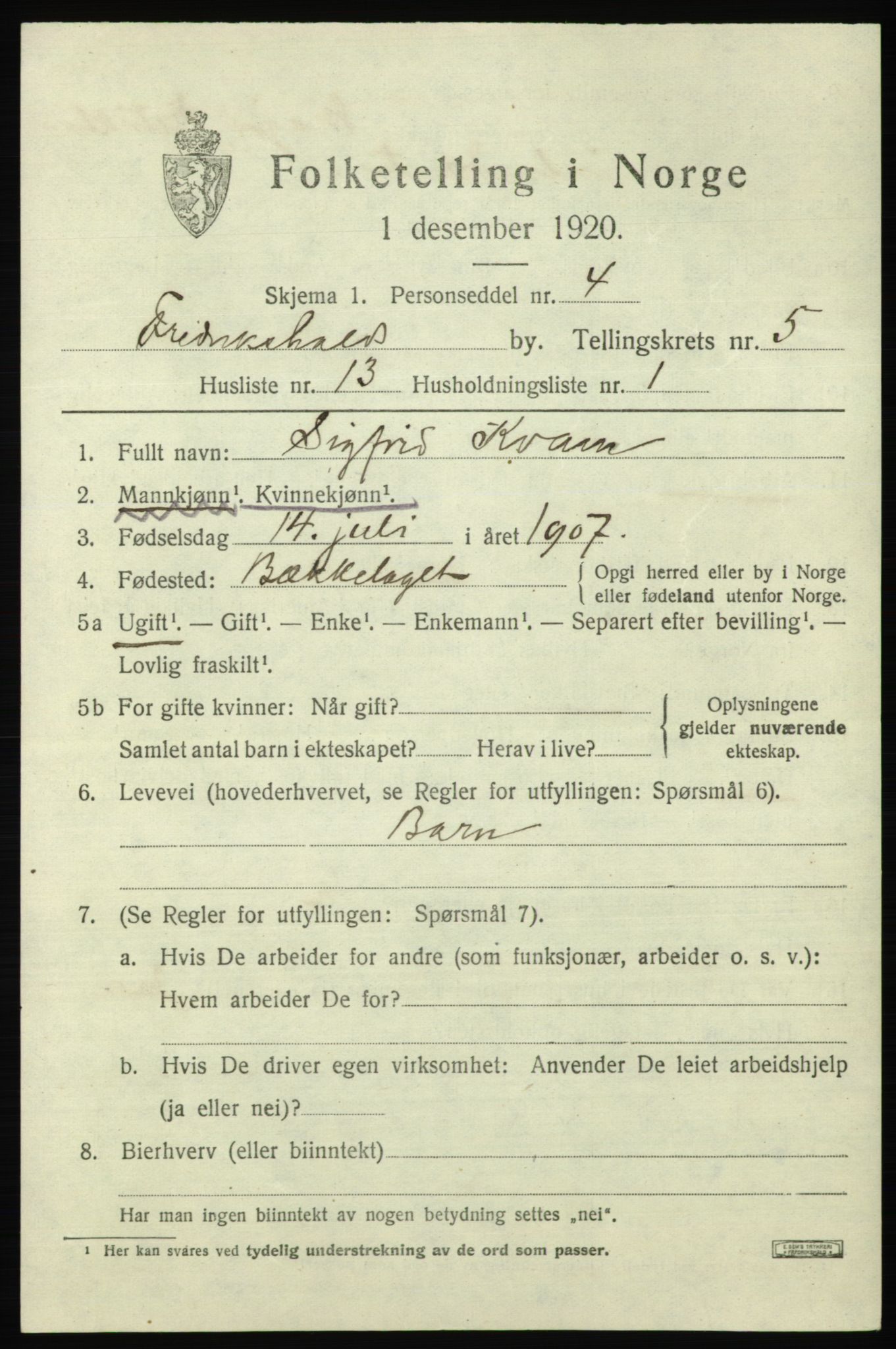 SAO, 1920 census for Fredrikshald, 1920, p. 12257