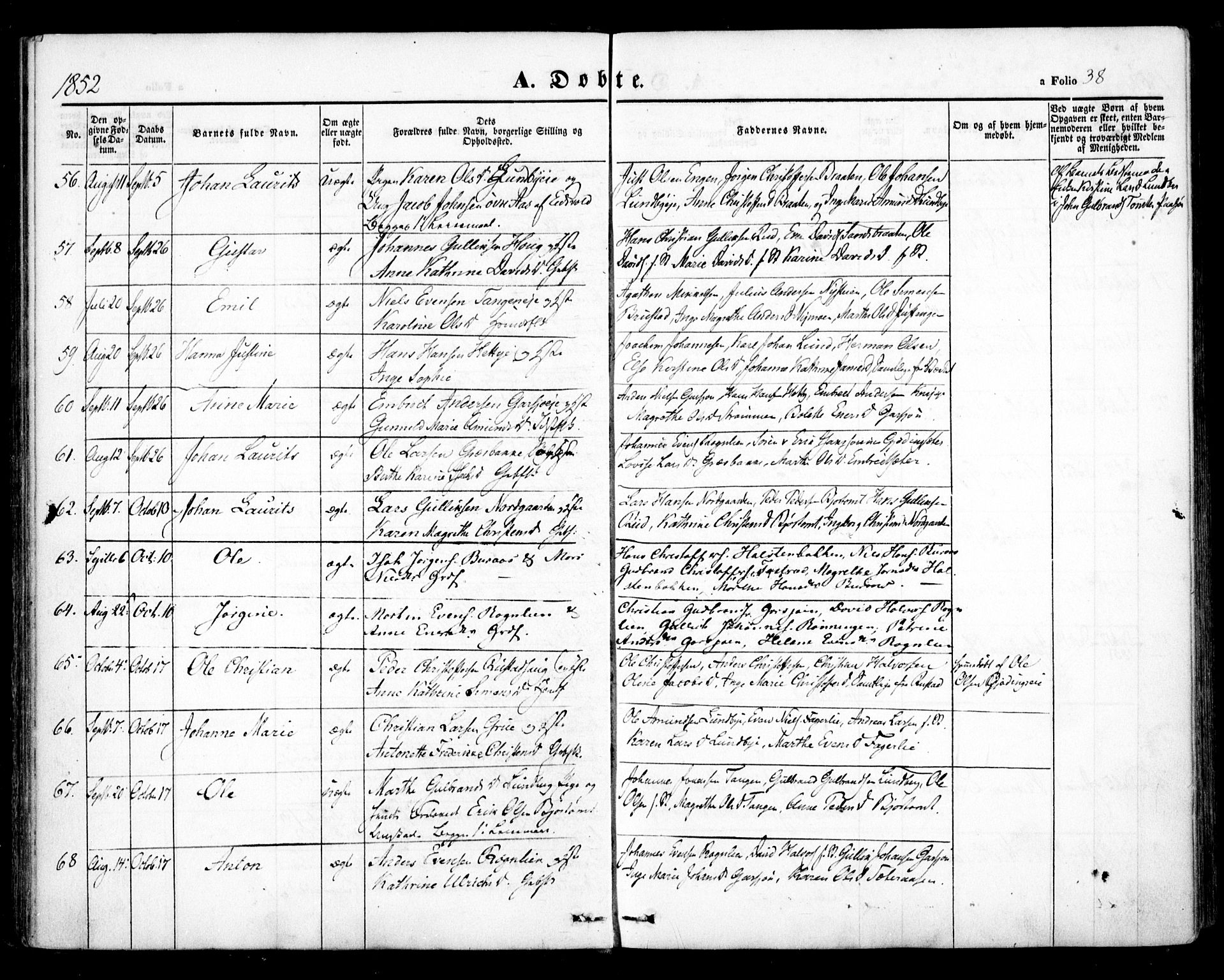 Hurdal prestekontor Kirkebøker, SAO/A-10889/F/Fa/L0005: Parish register (official) no. I 5, 1846-1859, p. 38