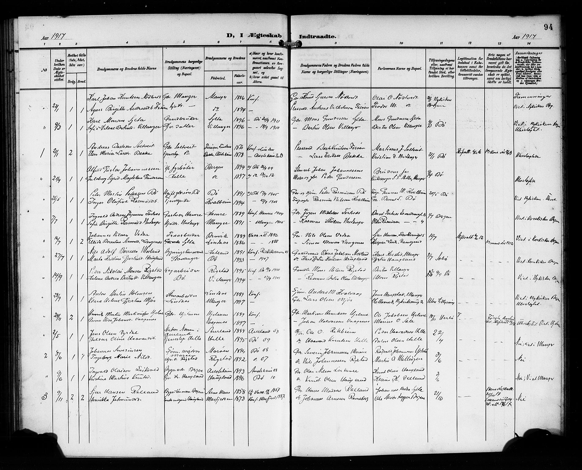 Manger sokneprestembete, SAB/A-76801/H/Hab: Parish register (copy) no. B 4, 1907-1922, p. 94