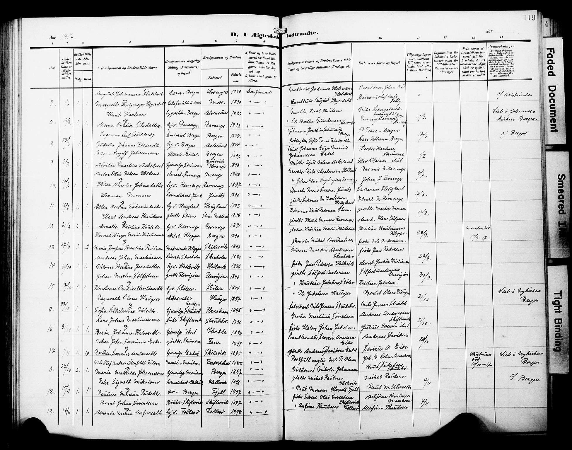 Askøy Sokneprestembete, SAB/A-74101/H/Ha/Hab/Haba/L0014: Parish register (copy) no. A 14, 1904-1927, p. 119