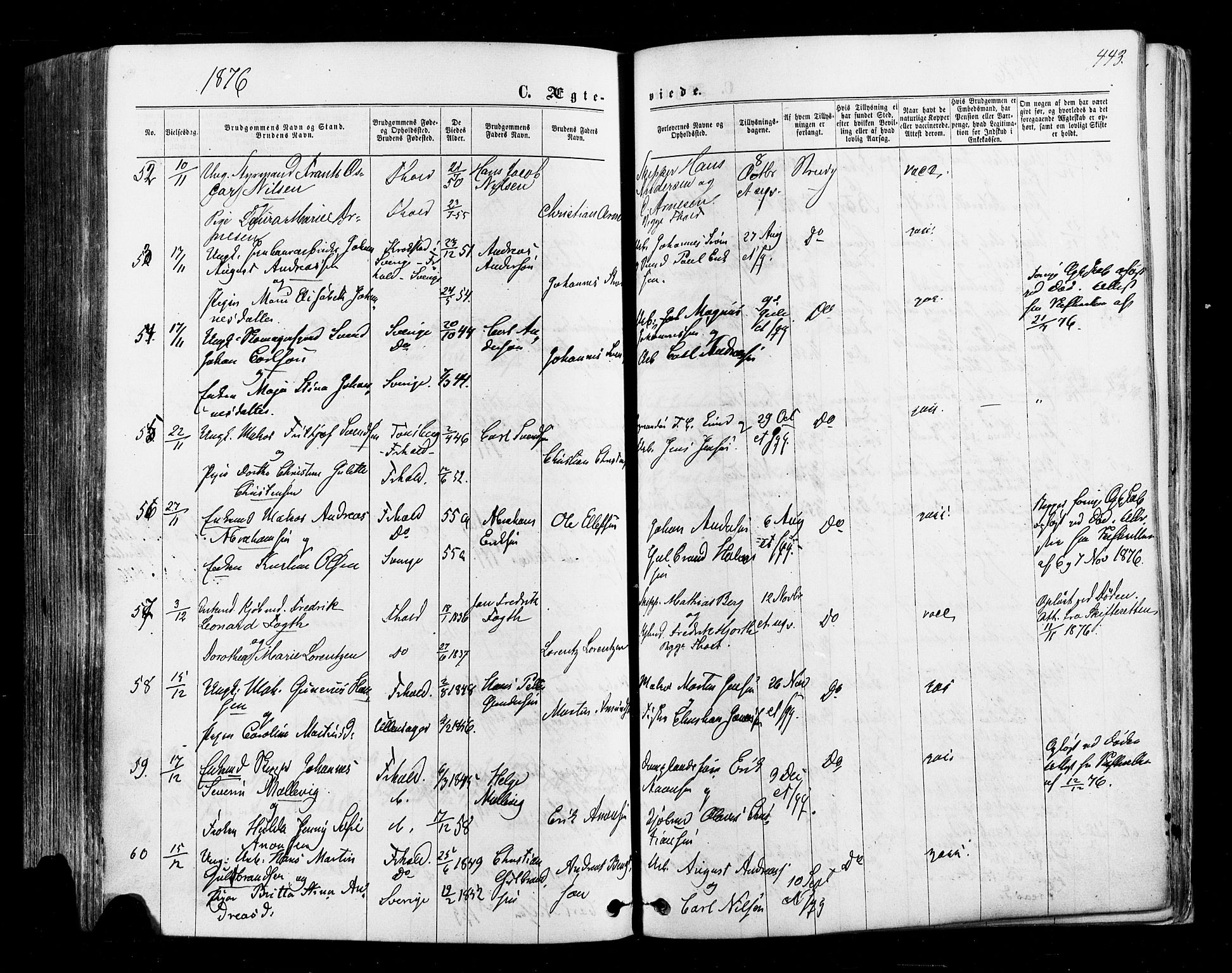 Halden prestekontor Kirkebøker, SAO/A-10909/F/Fa/L0009: Parish register (official) no. I 9, 1866-1877, p. 443